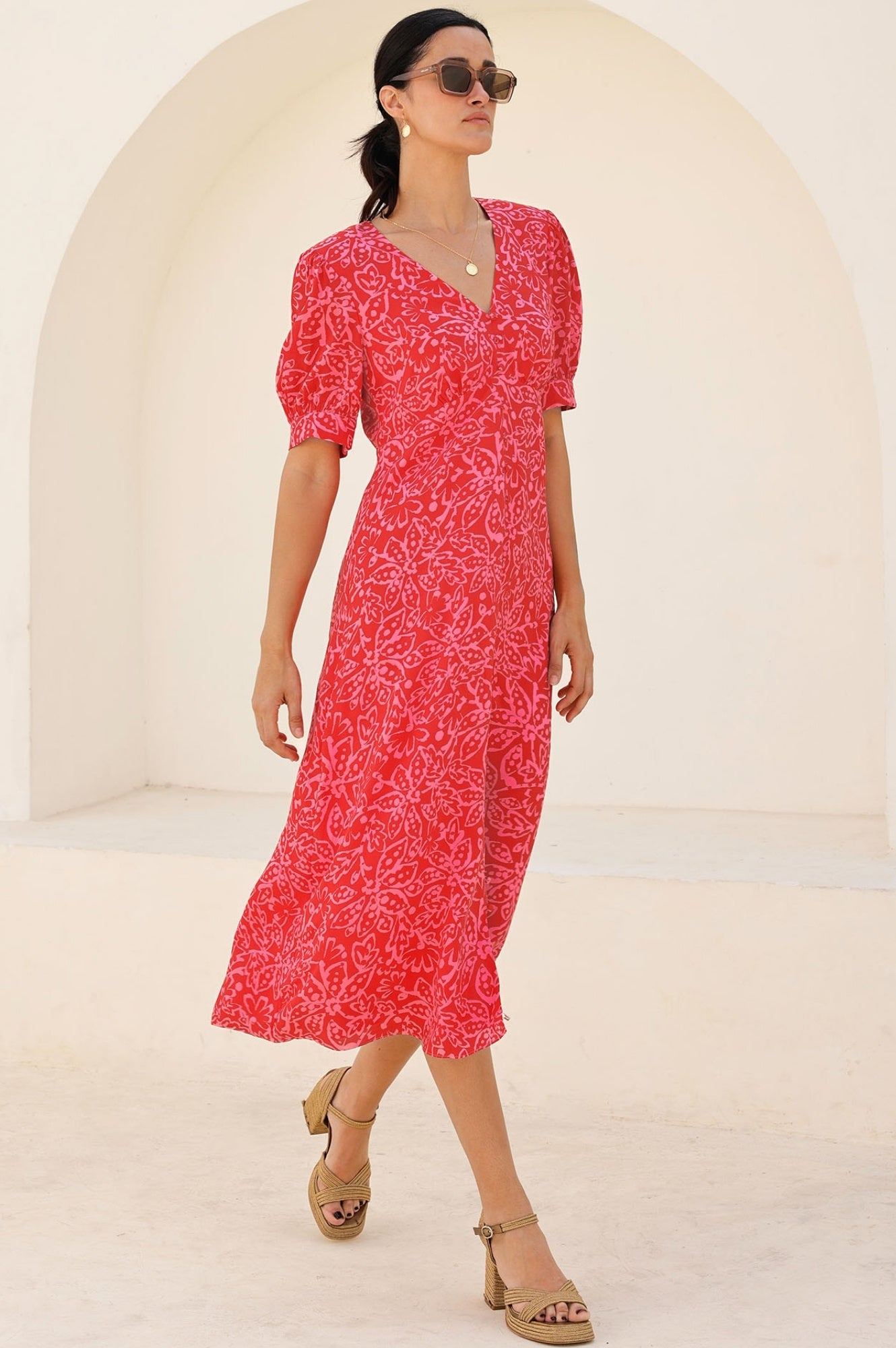 Anne Tea EcoVero™ Floral Dress - Spring Garden Red/Pink Flowy Midi Dress | Sustainable Viscose Dress for Women | Perfect for Garden Parties, Brunch Dates & Summer Weddings