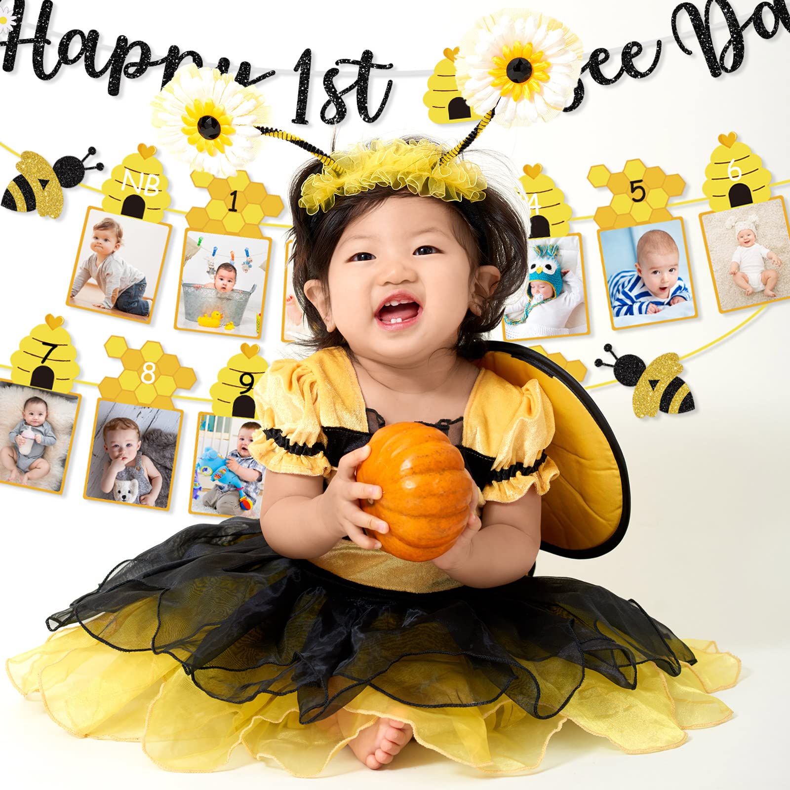 3 Pcs Happy 1st Bee Day Party Decorations - Bumble Honey Bee Birthday Banner, Cake Topper & Photo Props for Baby Boys Girls Newborn | Bee-Themed 1st Birthday Party Supplies for Cake Decor & Nursery Decor