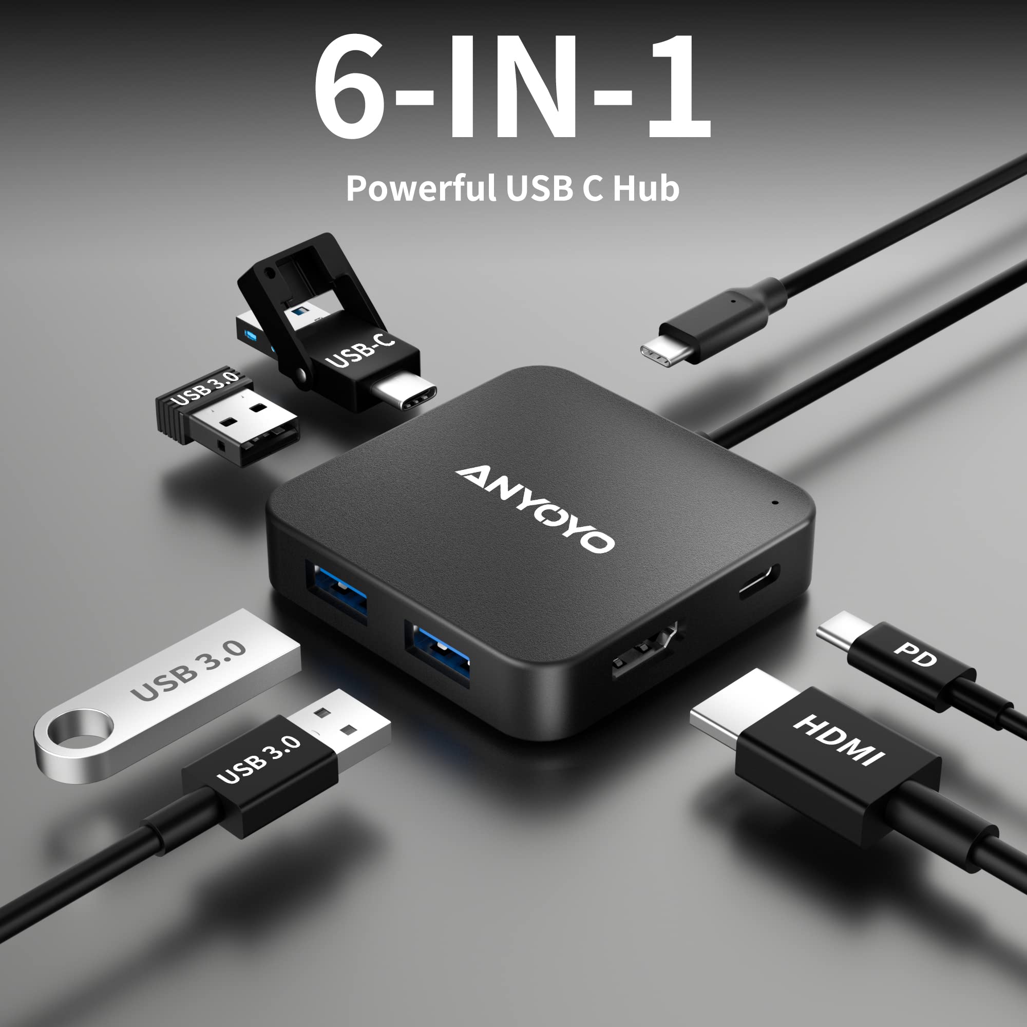 6-in-1 USB C Hub Adapter with 4K 30Hz HDMI, 100W PD Charging, 3 USB 3.0 Ports & USB C Port - Compatible with MacBook Pro/Air, Laptops & USB C Devices - Perfect for Home Office, Travel & Multi-Screen Work
