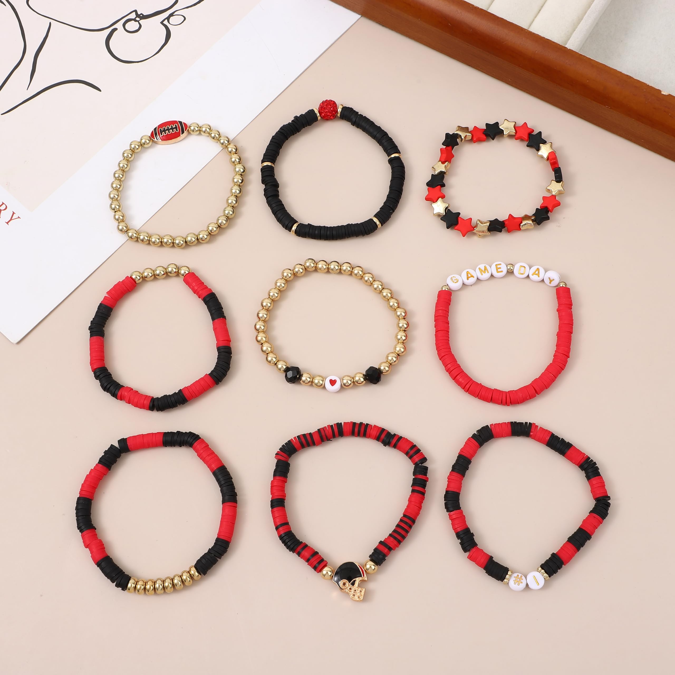 9 Pack Game Day Football Merchandise for Sports Fans - Stackable Heishi Bead Bracelets Set, Team Spirit Jewelry & Keepsake Gifts for NFL Fans | Perfect for Tailgating, Game Day Parties & Sports Themed Events