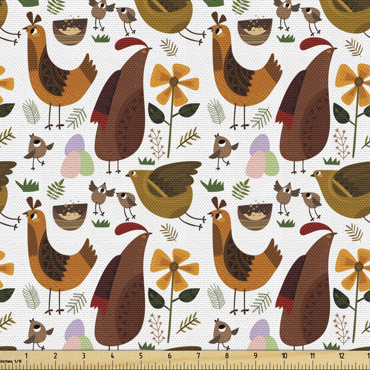 Ambesonne Animal Print Fabric by The Yard - Funny Chicken, Eggs & Flowers Cartoon Farm Design - 10 Yards Brown Green Upholstery Fabric for Sofa, Curtains & Home Decor (Farmhouse & Rustic Style)