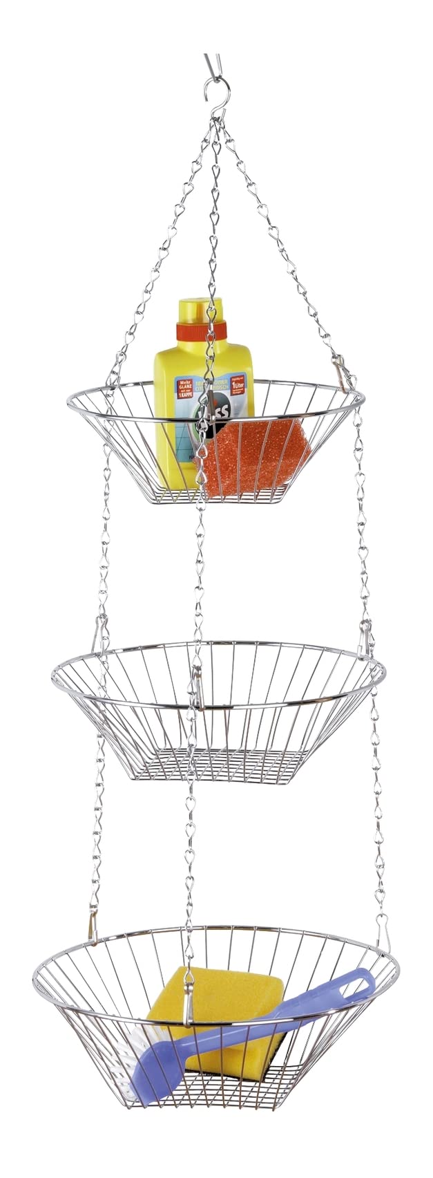 WENKO 2307100 Chrome Plated Metal Kitchen Hanging Basket Trio - Set of 3 Storage Baskets with Hooks, 28 x 10 x 28 cm, Silver Shiny - Perfect for Organizing Spices, Utensils & Produce in Small Kitchens