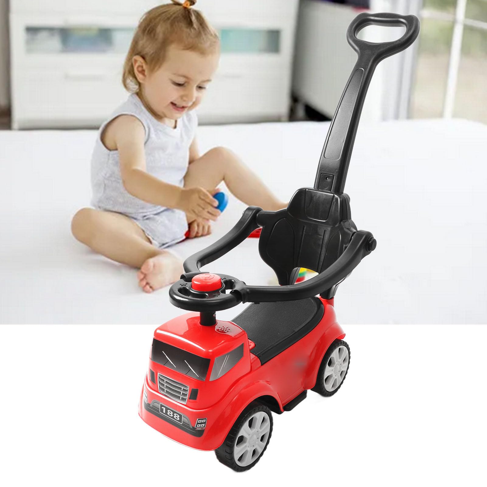 Universal Baby Push Stroller with Steering Wheel - Red Front Wheel Ride-On Buggy for Newborns & Toddlers | Perfect for Outdoor Walks, Park Visits & Shopping Trips