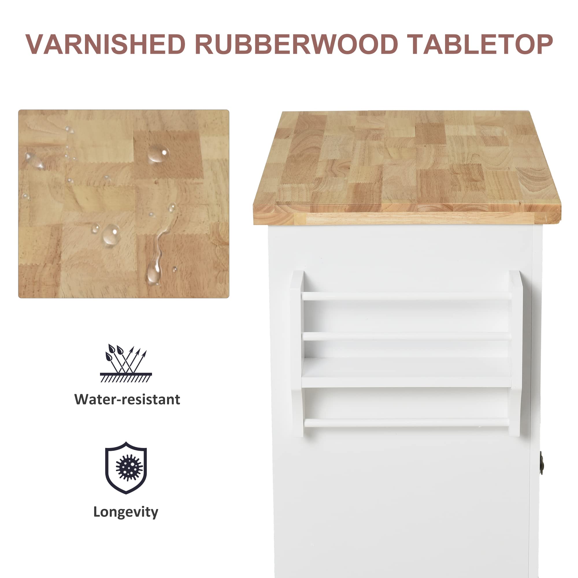 HOMCOM White Kitchen Island on Wheels with Rubberwood Top - Mobile Rolling Cart with Spice Rack, Towel Rack & Storage Drawers - Perfect for Small Kitchen, Dining Room or Pantry Organization
