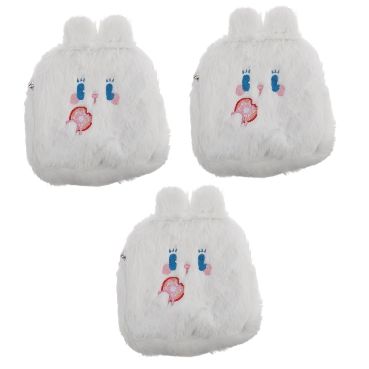 Amosfun 3-Pack Plush Cartoon Zipper Makeup Bag for Women - Cute Kawaii Wallet Purse with Zip, Soft & Durable (White) - Perfect for Travel, Cosmetics, and Daily Essentials Storage