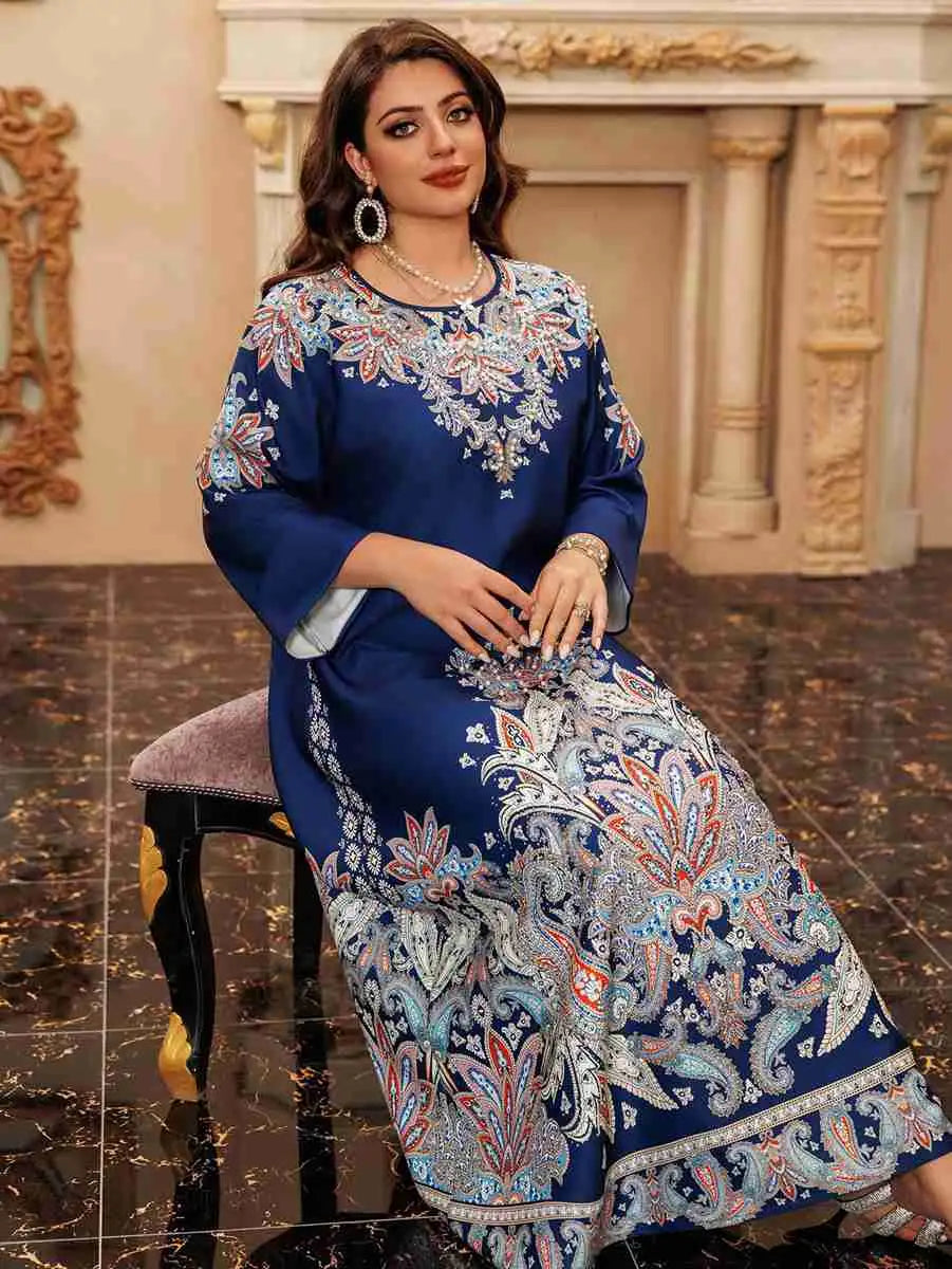 Elegant Hotfix Rhinestone Printed Caftan Kaftan Dress for Women - Perfect for Eid Celebrations, Weddings & Special Occasions