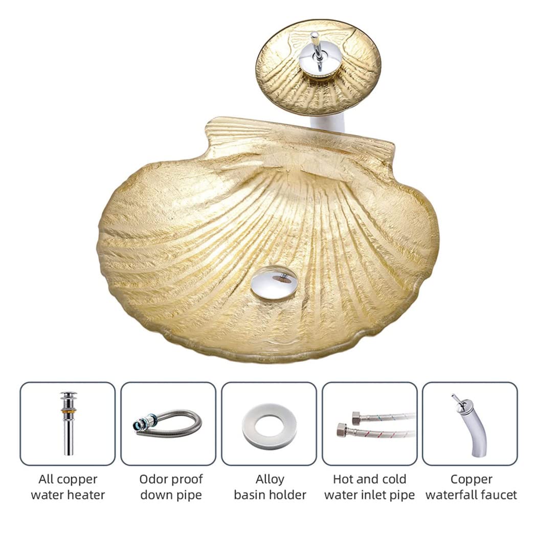 Gold Shell-Shaped Tempered Glass Vessel Sink for Bathroom - Artistic Above Counter Bathroom Sink with Waterfall Faucet & Drain - Perfect for Modern Vanities, Spa-Like Bathrooms & Luxury Home Decor