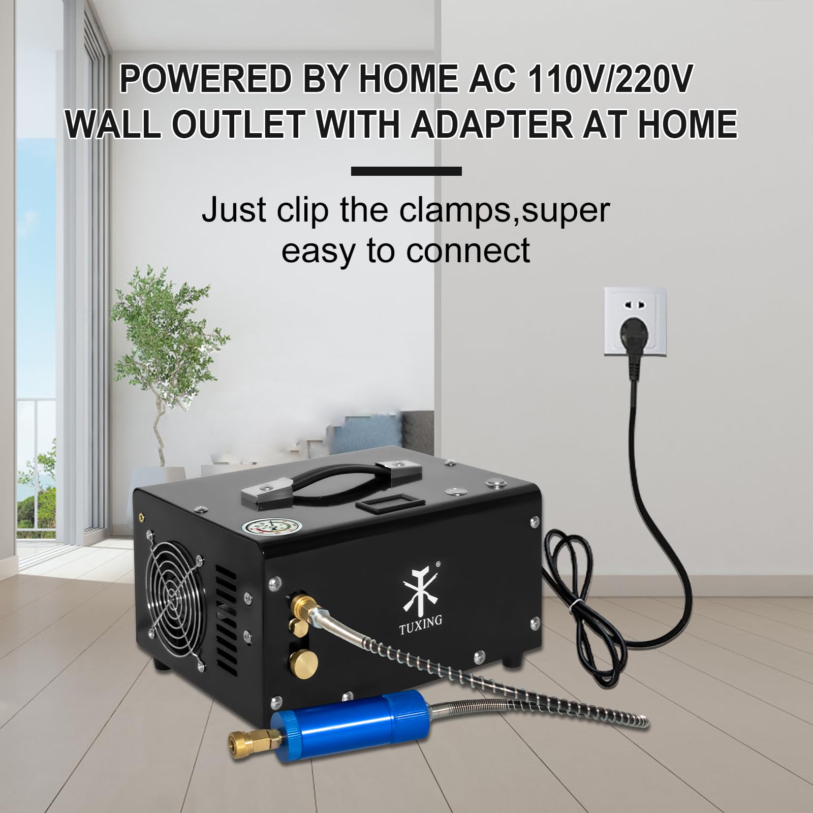 TUXING 4500Psi PCP Air Compressor with Water Cooling System - High Pressure Air Pump for Scuba Diving Tanks, PCP Air Rifles & Paintball Guns - Manual Shutoff 110V Electric Compressor (TXET061-1) - Perfect for Outdoor Sports, Hunting & Shooting Range Use