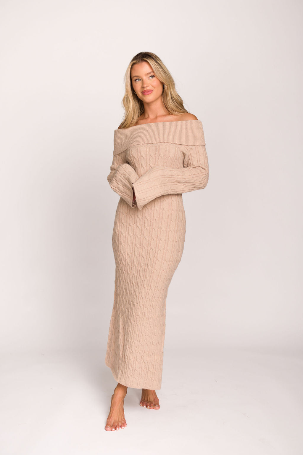 Carley Off the Shoulder Cable Knit Maxi Dress in Oatmeal - Elegant Long Sleeve Boho Sweater Dress for Women | Perfect for Fall, Winter, Date Nights & Holiday Parties