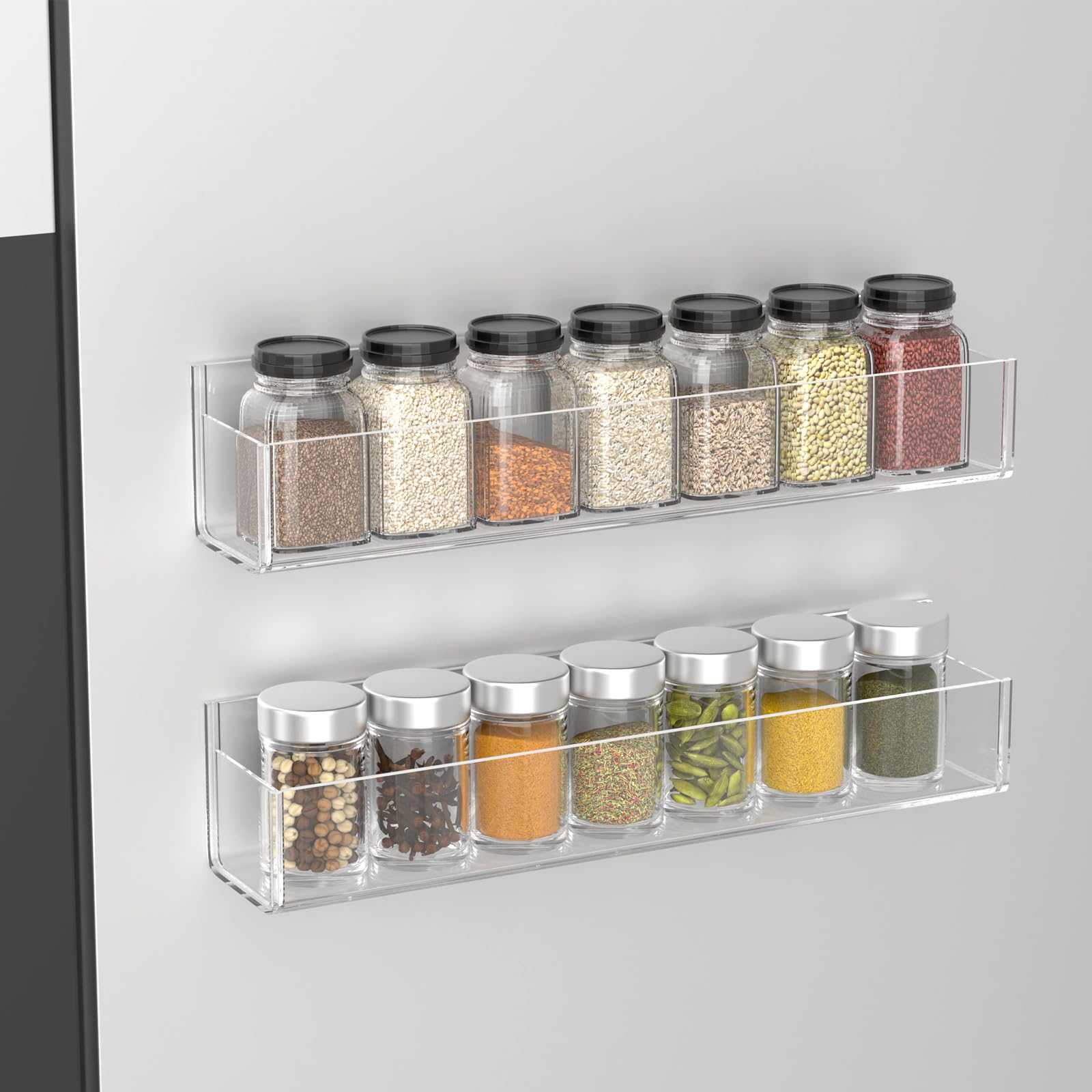 PMMASTO Clear Acrylic Spice Rack Organizer - 2 Pack with Nano Double Sided Tape | Wall Mount Kitchen Cabinet & Pantry Door Storage | Perfect for Spice Jars, Seasoning Bottles & Small Kitchen Essentials