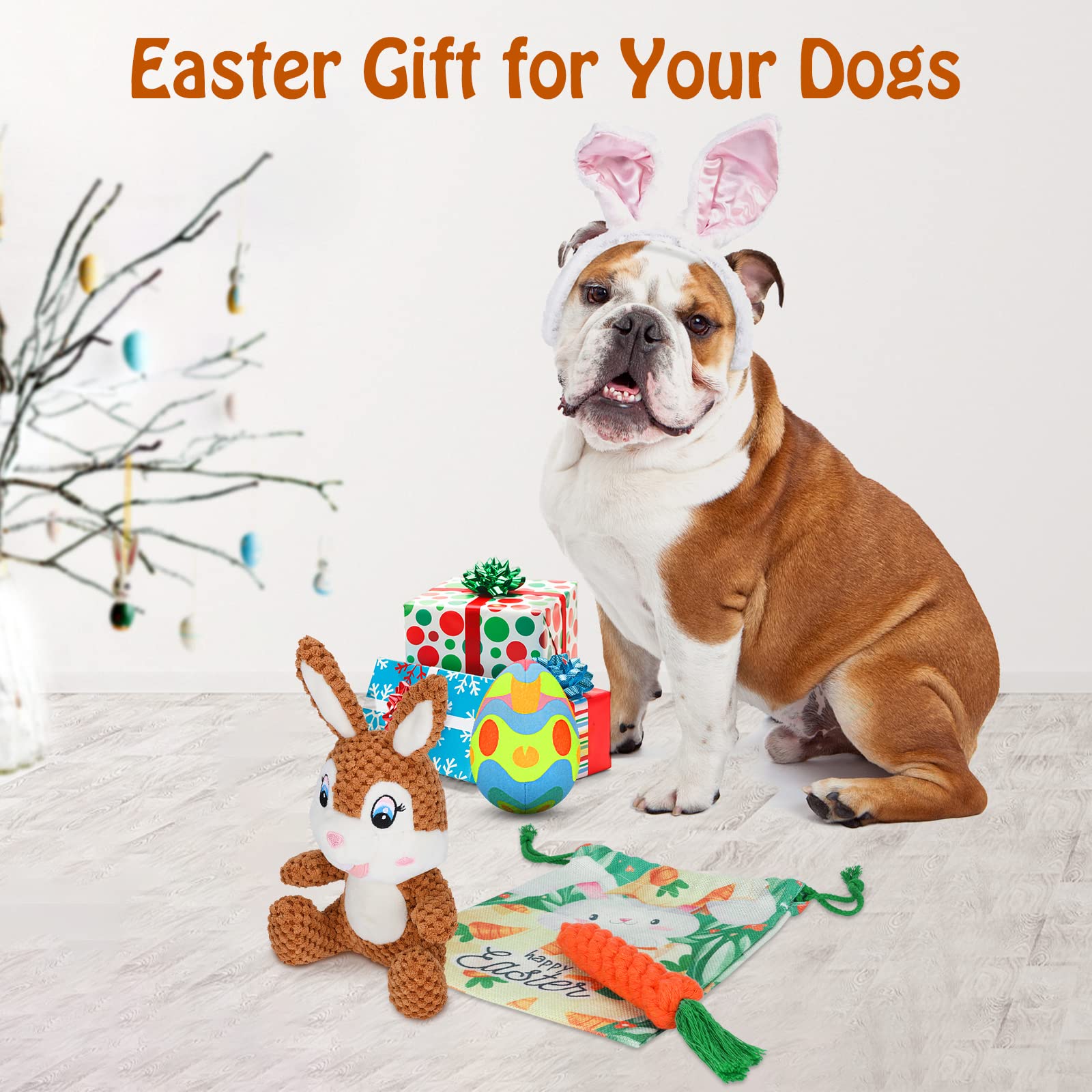 BWOGUE 4PCS Easter Dog Toy Kit - Plush Bunny Egg & Chew Rope Toys with Squeaker and Crinkle Paper for Small Medium Dogs | Teeth Cleaning Chew Toys, Puppy Gifts | Perfect for Easter Playtime, Training Rewards and Interactive Bonding