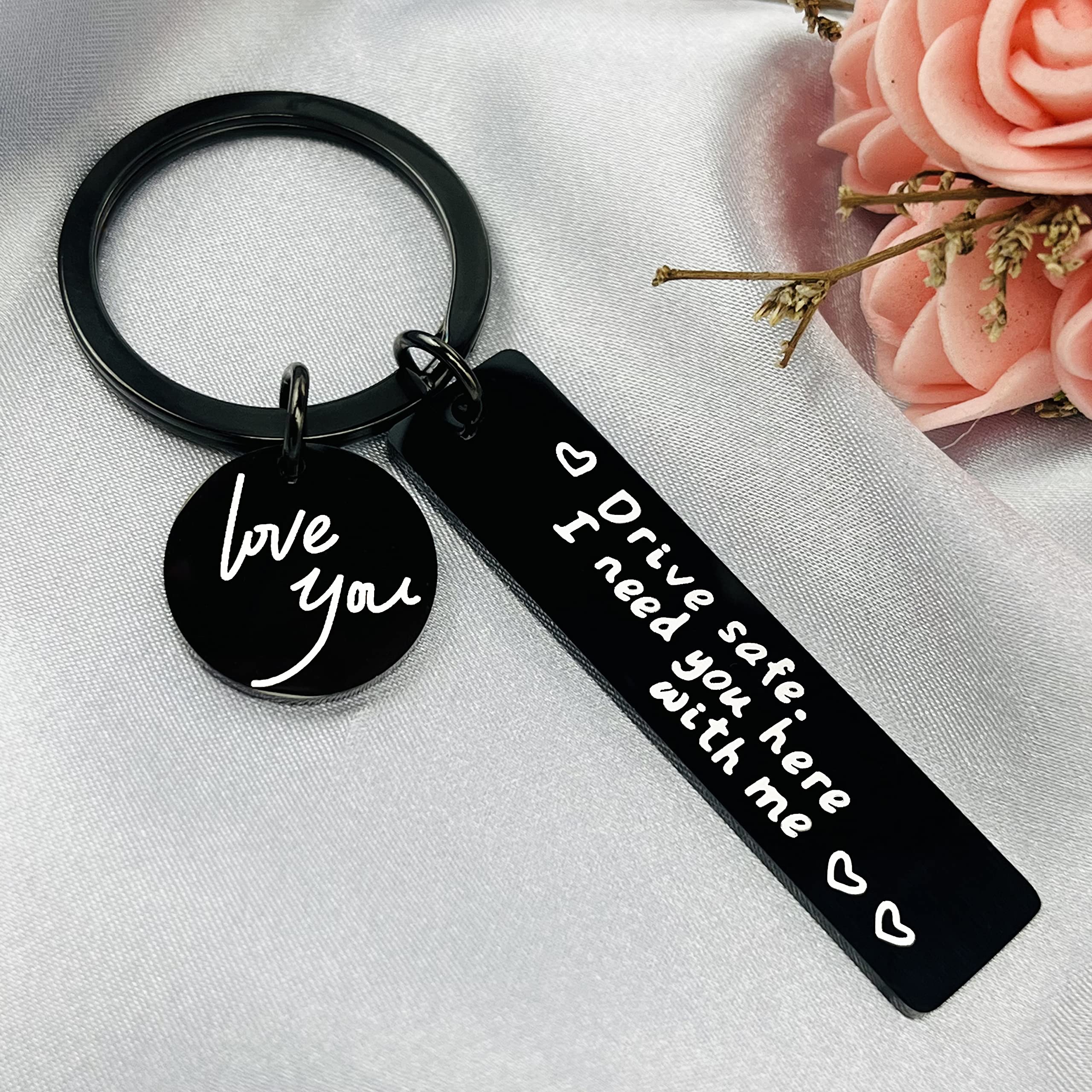 Drive Safe Keychain for Boyfriend, Husband & Dad - 'I Need You Here With Me' Engraved Gift (Black Love Keychain) - Perfect Car Key Accessory & Thoughtful Present for Anniversary, Birthday or Valentine's Day