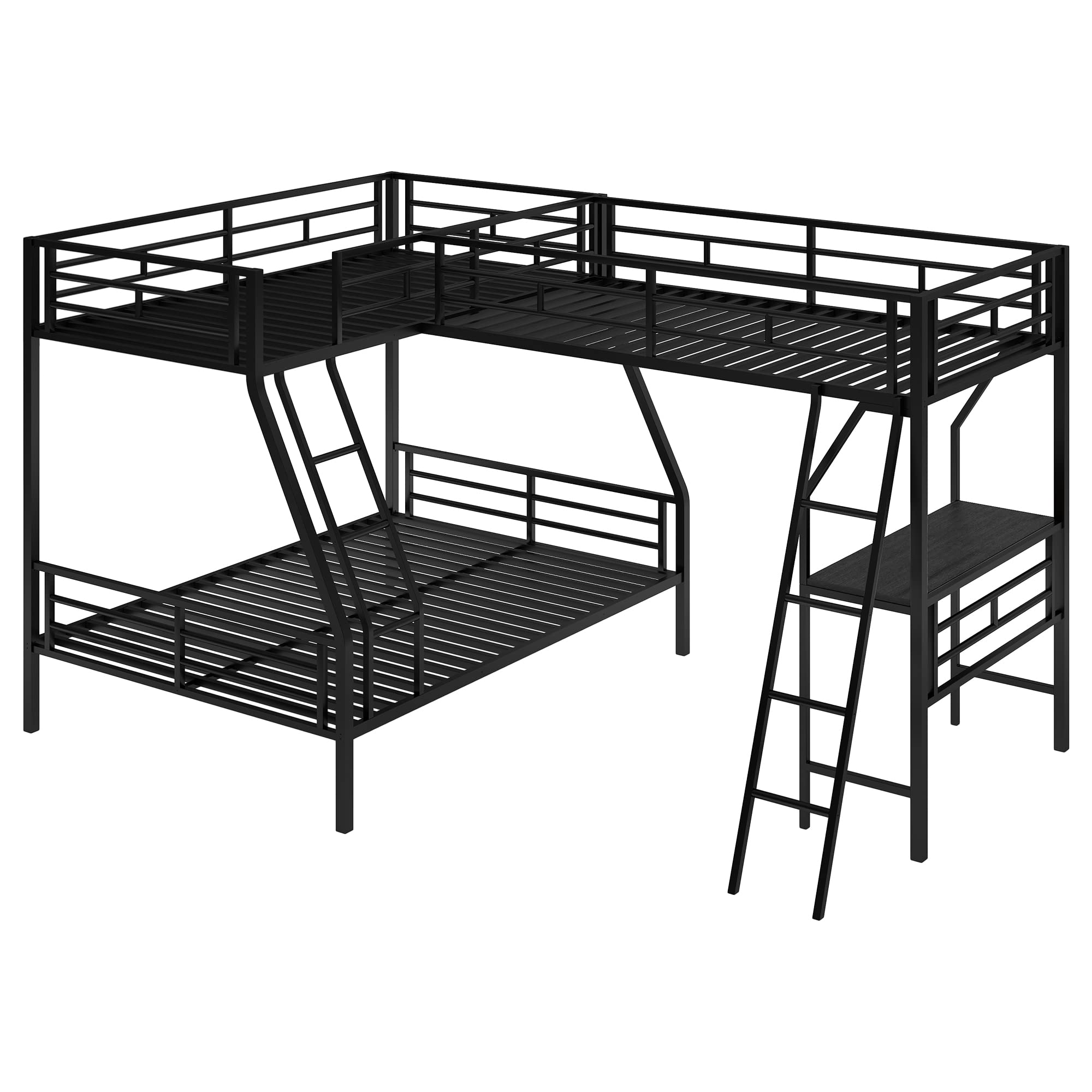 SOFTSEA Triple Bunk Bed with Desk - Twin Over Twin Over Full Metal Loft Bed for 3 Kids, Space-Saving L-Shaped Design with Ladder, No Box Spring Needed - Perfect for Small Bedrooms, Kids' Rooms & Shared Spaces