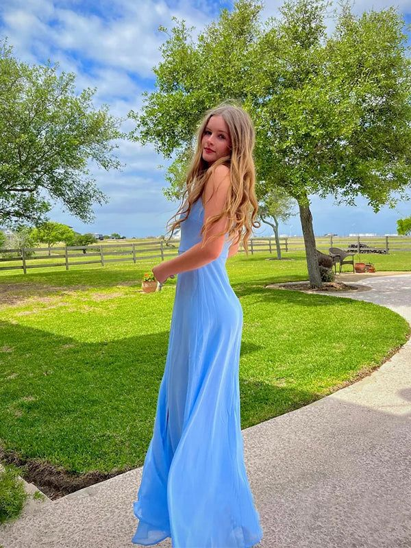 Elegant Blue Square Neck Long Prom Dress for Women - Formal Evening Gown J4083 | Perfect for Homecoming, Wedding Guest, Cocktail Party & Special Occasions