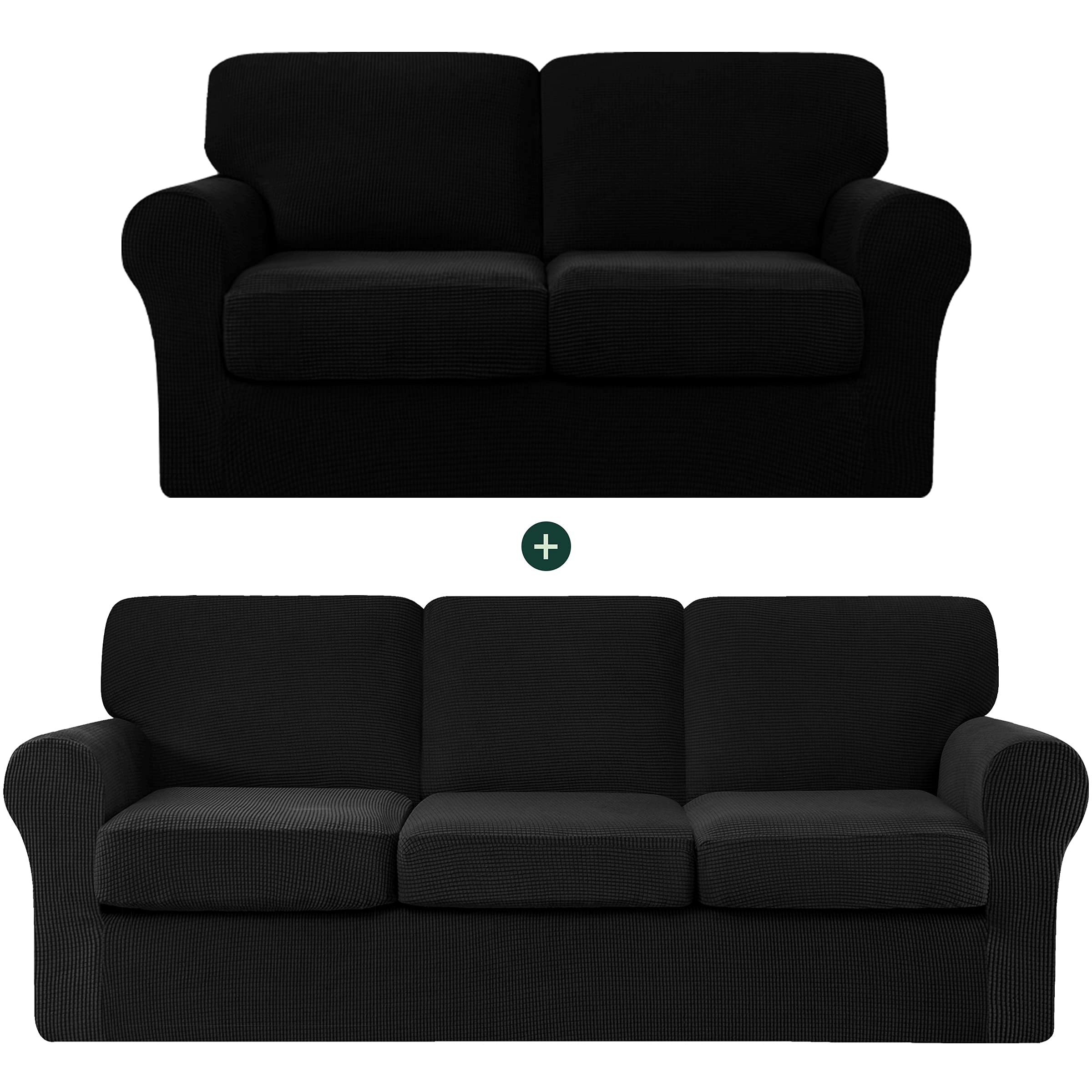 CHUN YI Loveseat Sofa Cover Set - Large Couch Slipcover with Removable Backrest & Cushion Covers, Stretchable Jacquard Fabric in Classic Checkered Pattern (Black) | Perfect for Living Room, Family Room, or Office Furniture Protection