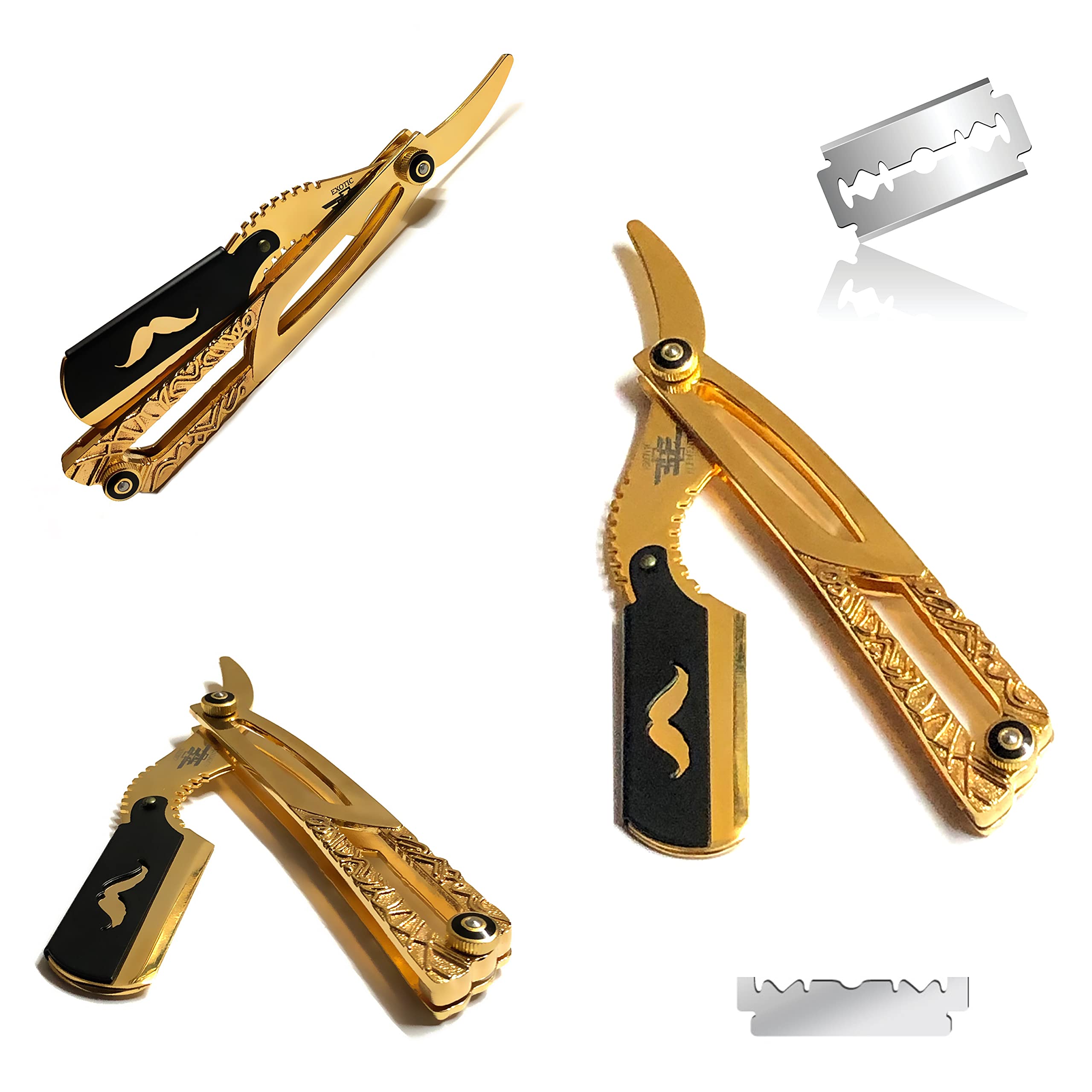 Premium Gold-Plated Barber Straight Razor - Classic Folding Shaving Razor with Black Handle & Recyclable Blades for Men's Grooming, Shaving & Beard Care | Professional Salon & Home Use