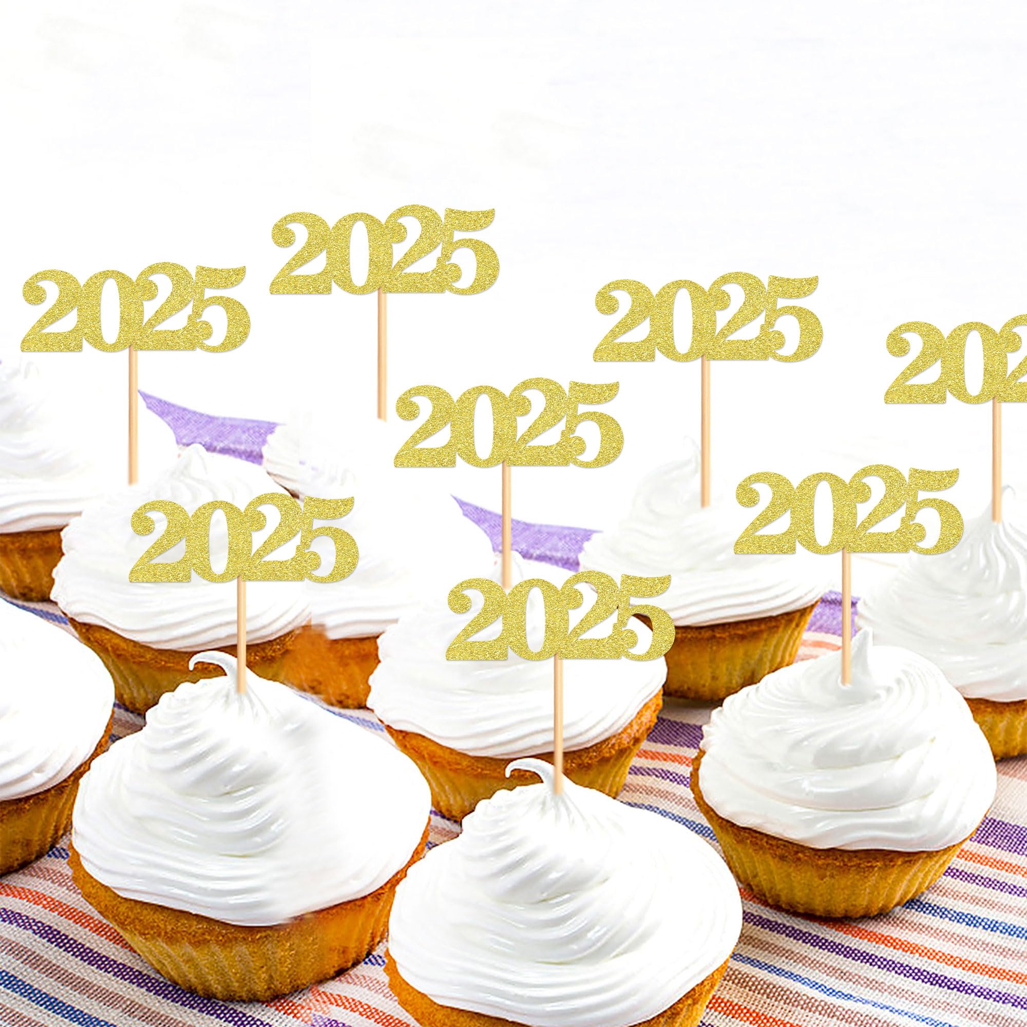 40 Pcs Gold Glitter New Year Cupcake Toppers 2025 - Cheers to 2025 Cake Picks for New Year's Eve Party Decorations - Perfect for Birthday, Wedding & Holiday Celebrations