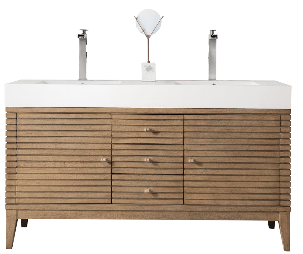 59-Inch Linear Double Vanity with Whitewashed Walnut Base & Glossy White Composite Top - Perfect for Modern Bathroom Renovations and Master Suite Upgrades