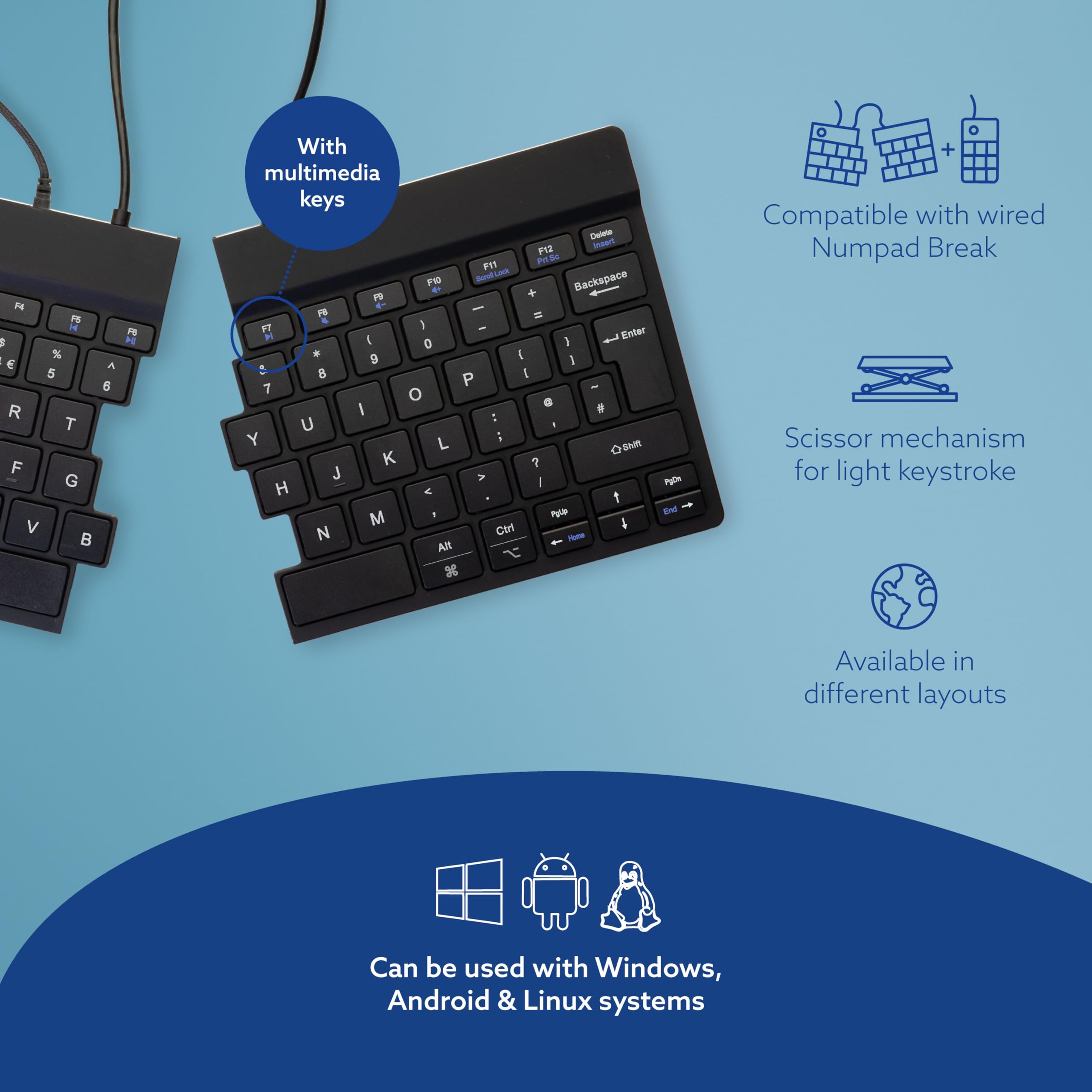 R-Go Ergonomic Split Keyboard - Natural Typing for Carpal Tunnel Relief | 2-Part Ultra Thin Design with Break Reminder Software | QWERTY(UK) Layout USB Wired Black Keyboard | Perfect for Office, Home & Long Typing Sessions