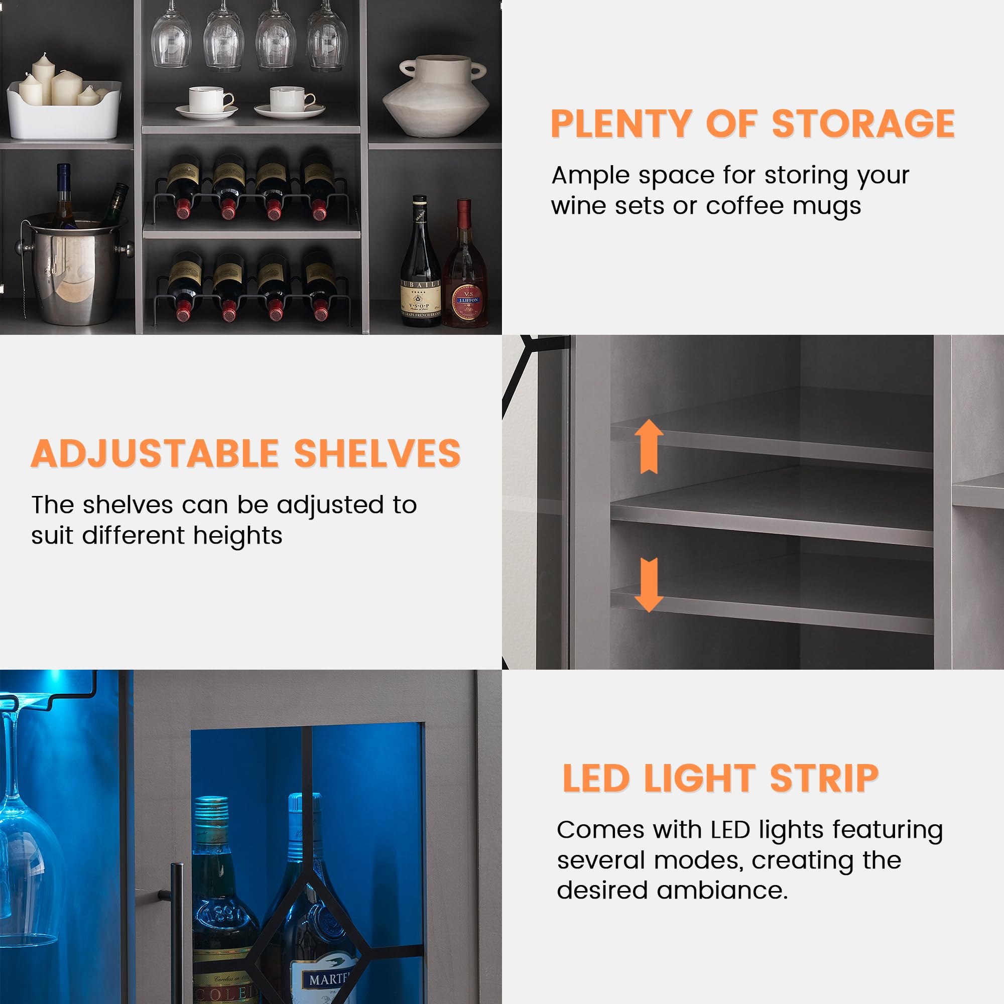 IDEALHOUSE Wine Bar Cabinet with LED Light - Modern Home Coffee Cabinet with Wine & Glass Rack, Kitchen Buffet Sideboard with Storage - Stylish Liquor Cabinet for Bar, Dining Room & Kitchen (Dark Grey) - Perfect for Entertaining, Home Decor & Small Space Storage