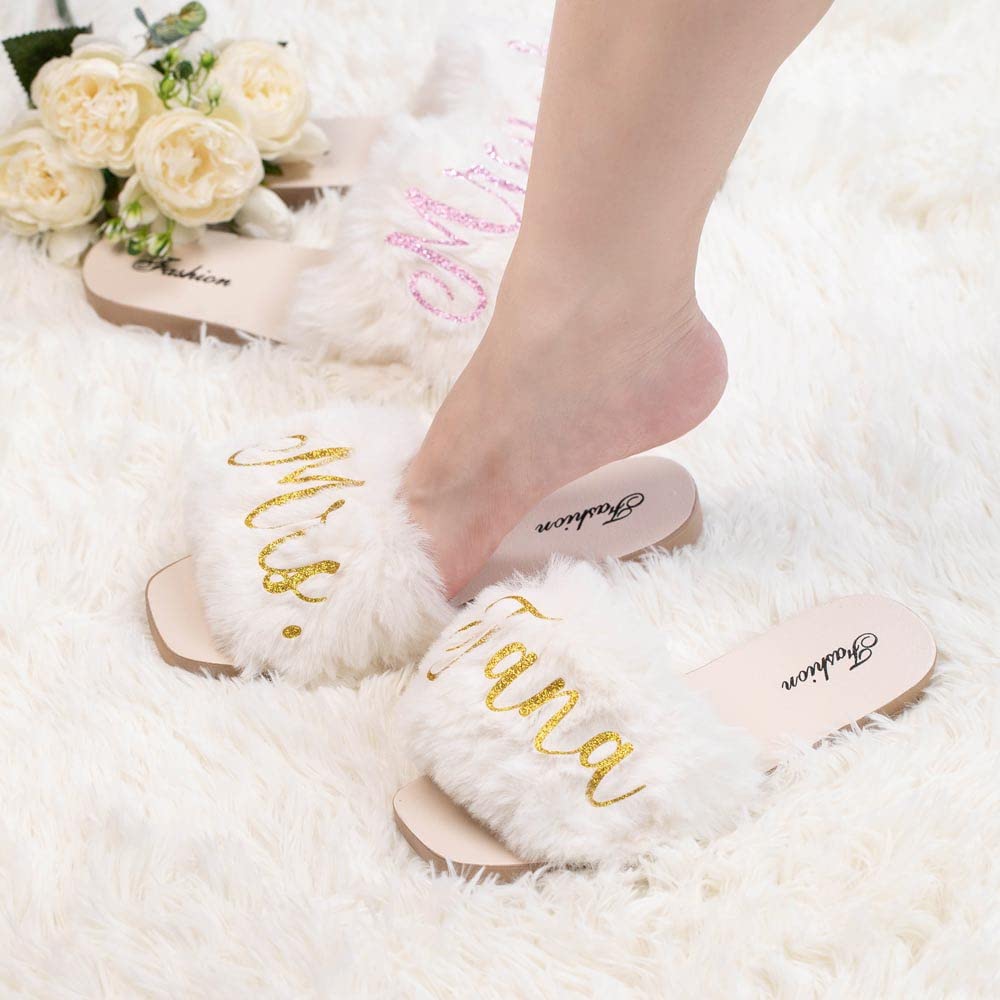 Custom Personalized Bride Slippers - Monogrammed Wedding Shower Gift for Bride & Bridesmaids - Open Toe Fuzzy House Slippers for Women - Perfect for Wedding Day, Bridal Party & Cozy Home Wear
