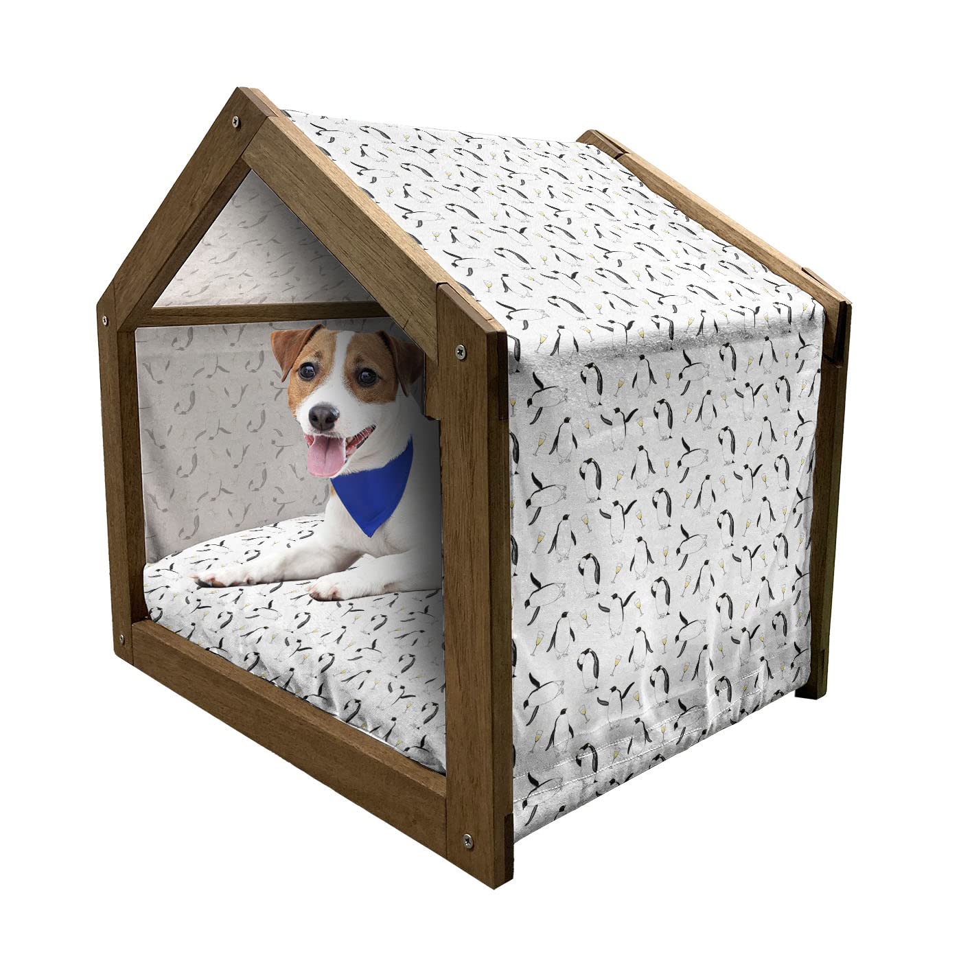 Ambesonne Funny Wooden Dog House - Whimsical Penguins with Champagne Glasses Celebration Themed Pet Kennel | Indoor & Outdoor Portable Small Dog House with Pillow & Cover | Charcoal Grey & White Design | Perfect for Birthday Parties & Backyard Decor