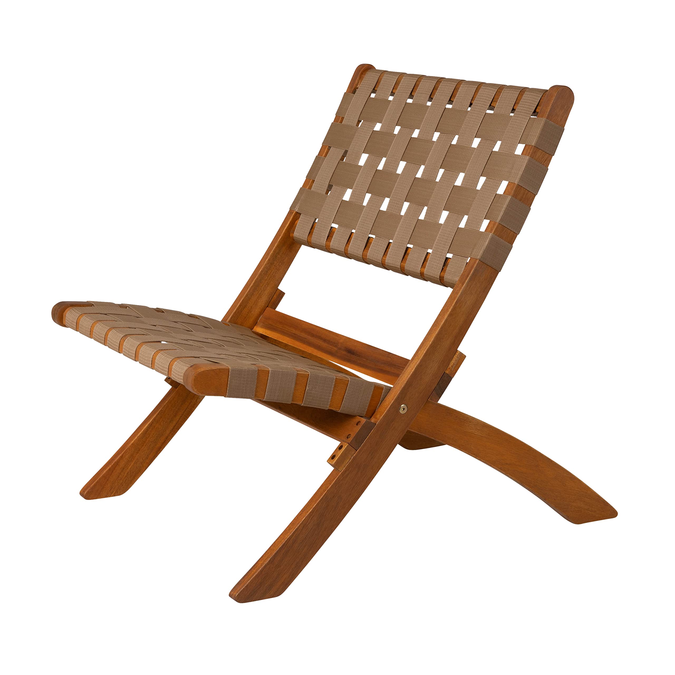 Patio Sense 64098 Sava Indoor Outdoor Folding Chair - Portable Low Profile Acacia Wood Frame with Woven Seat & Back - Perfect for Porch, Garden, Fishing, Camping & Sporting Events - Brown Webbing