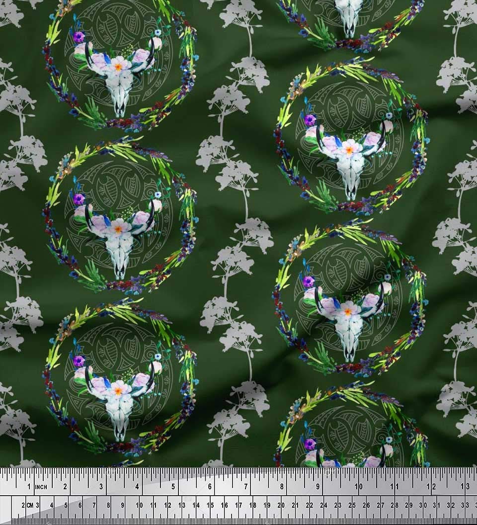 Soimoi Floral Wreath & Skull Animal Print Polyester Crepe Fabric - 1 Yard 42