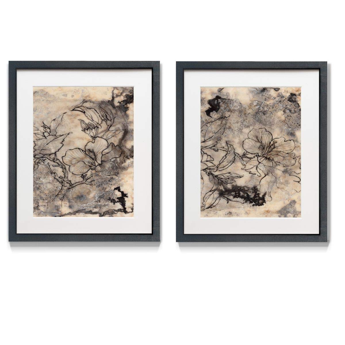 Framed 2 Piece Vintage Floral Wall Art Set - Botanical Blooms & Abstract Bouquet - Ready to Hang 16x20 - Perfect for Living Room, Bedroom & Office Decor