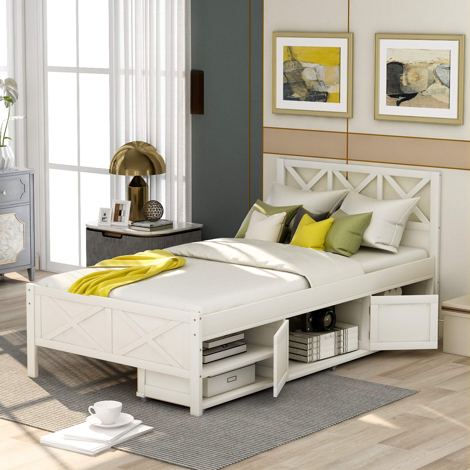 Twin Size Platform Bed Frame with Storage - Solid Wood Bed with Headboard for Kids, Teens, Adults - Space-Saving Design for Small Bedrooms, Guest Rooms, Dorm Rooms (White)