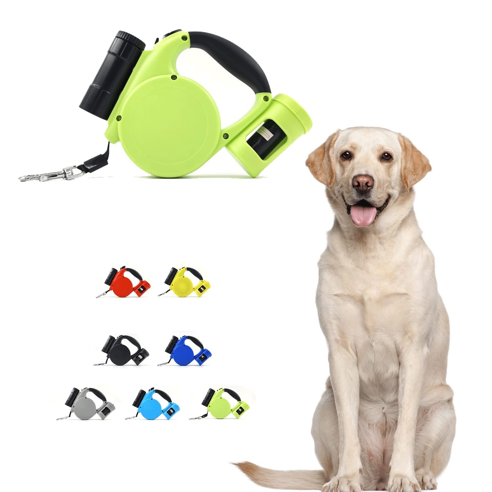 DYXIA 5m Retractable Dog Leash with Flashlight & Poop Bag Dispenser - Automatic Locking, Heavy Duty Pet Lead for Walking, Running, Hiking (Green) - Perfect for Night Walks, Park Visits & Outdoor Adventures