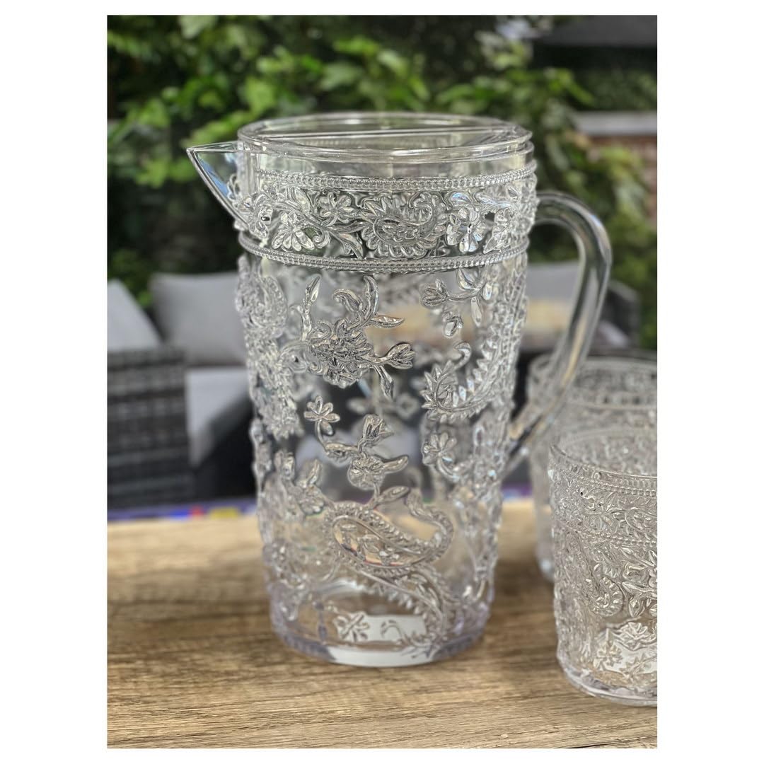 2.5 Quart BPA-Free Plastic Water Pitcher with Lid & Spout - Unbreakable Paisley Design for Juice, Iced Tea & Lemonade - Perfect for Parties, Picnics & Refrigerator Storage
