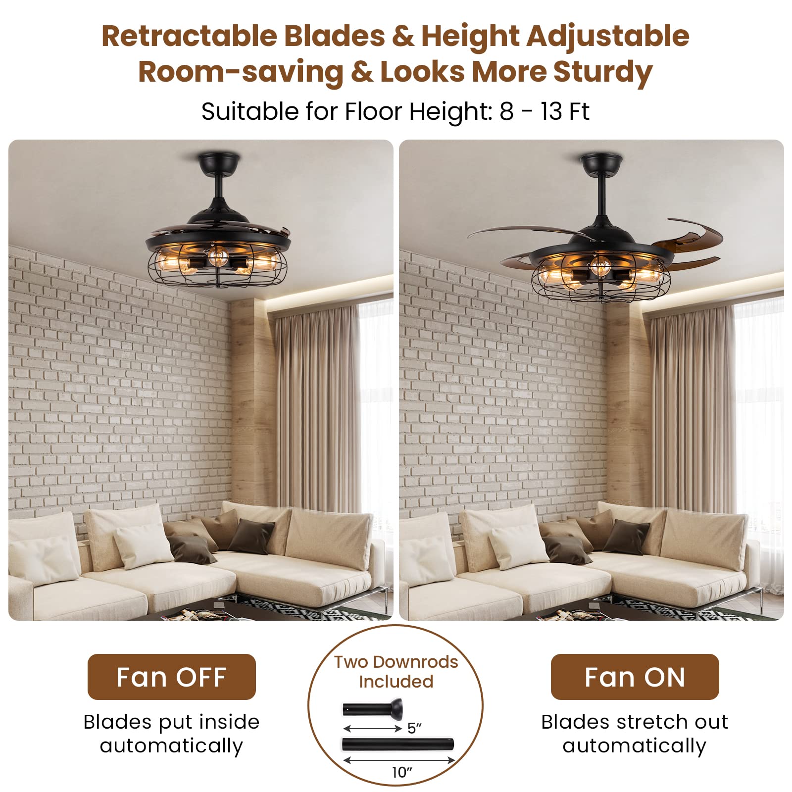 Siljoy 48 Inch Retractable Black Industrial Caged Ceiling Fan with Remote & 5 Lights - Farmhouse Chandelier Style for Living Room, Bedroom, Patio - Perfect for Home Cooling & Decorative Lighting
