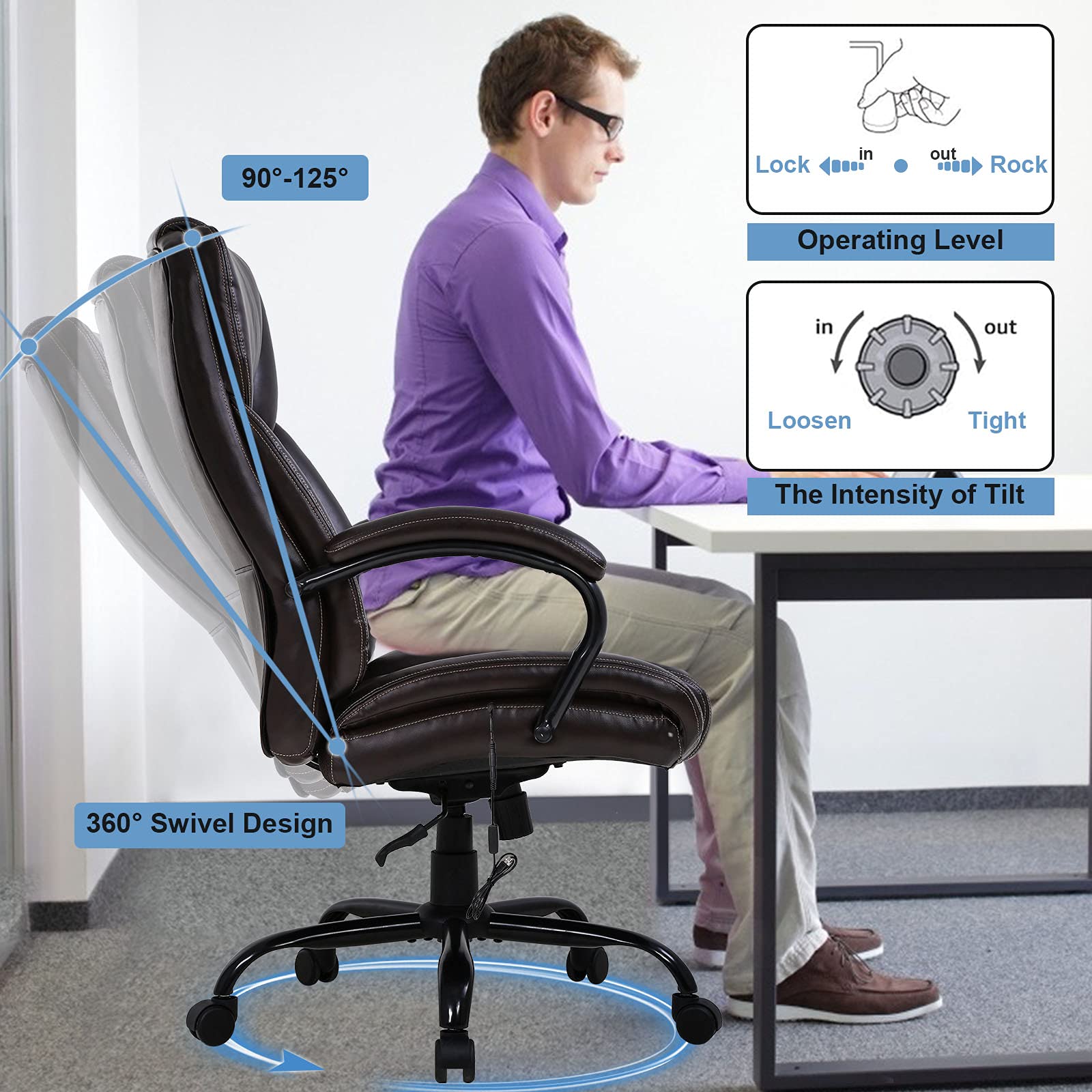 Big and Tall Office Chair Heavy Duty 500 lbs Capacity - Wide Seat Ergonomic Computer Chair with Massage, Padded Armrests & Lumbar Support - Modern Rolling Swivel Desk Chair for Home Office, Gaming & Workspace (Black)