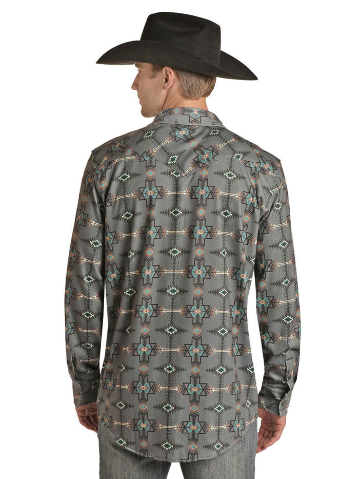 Rock & Roll Denim RRMSOBR09Q Men's Aztec Print Button-Up Shirt - Dark Grey Casual Western Style Shirt for Music Festivals & Night Out