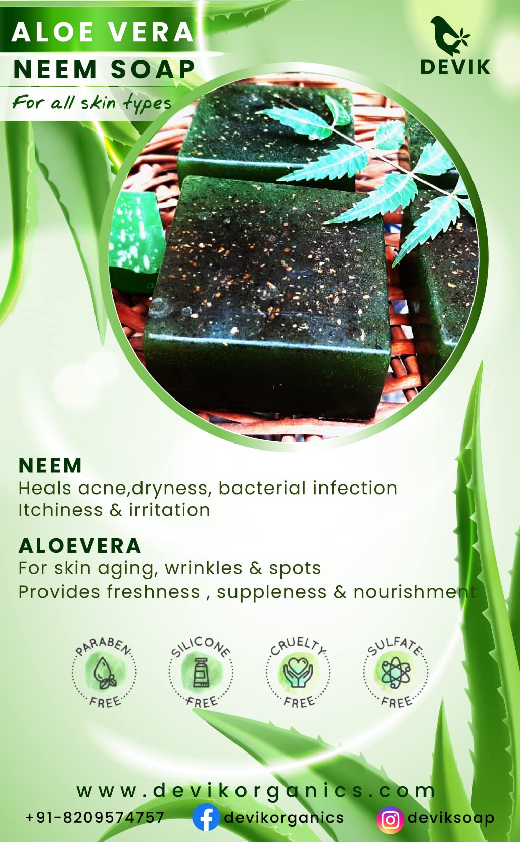 DEVIK Aloe Vera & Neem Handmade Natural Soap (Pack of 2) - 100g Each | Sulfate-Free, Paraben-Free | Gentle Cleansing for Sensitive Skin & Acne-Prone Skin | Perfect for Daily Face & Body Wash