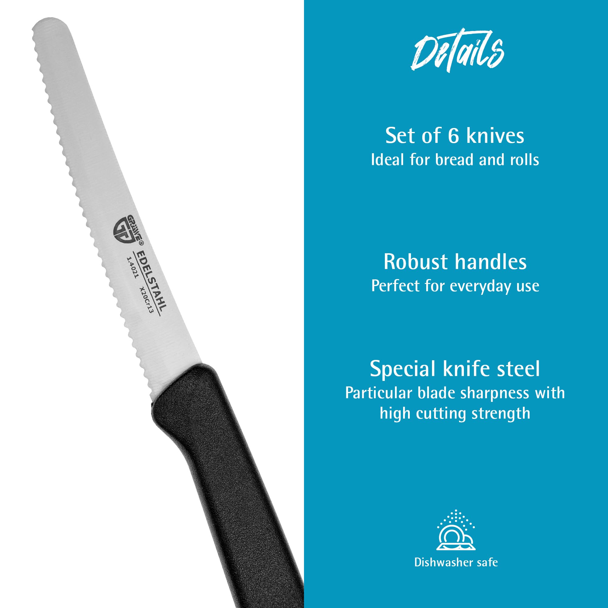 6-Piece Premium Black Table Knife Set - 21cm Serrated Edge Bread & Breakfast Knives for Cutting, Slicing & Serving | Perfect for Dining, Kitchen & Entertaining