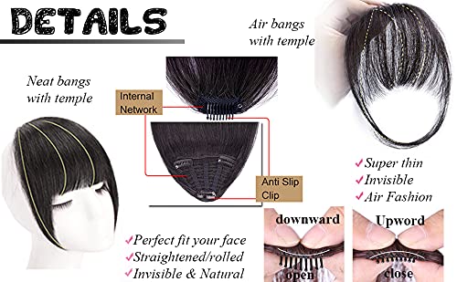 VIKIJO Clip-In Bangs for Women - Natural Black Human Hair Fringe with Wispy Temple Bangs | Easy Clip-On Air Bangs Hairpiece for Instant Volume & Style | Perfect for Daily Wear, Cosplay & Special Occasions