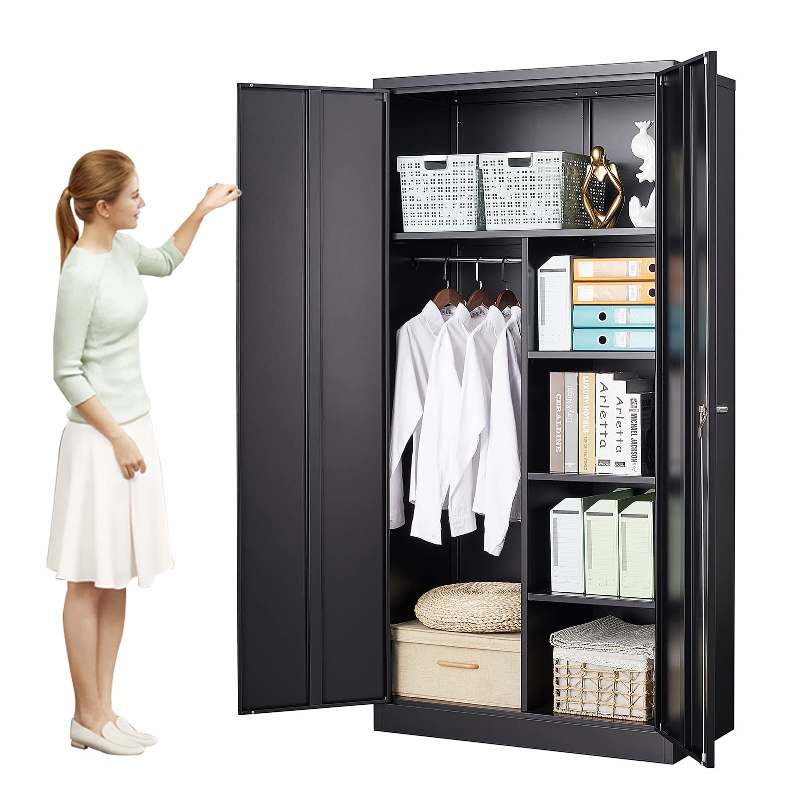 MIIIKO Heavy Duty Steel Cabinet Wardrobe - Metal Locker with Hanging Rod for Clothes Storage | Perfect for Home Organization, Office Supplies, Garage Storage & Changing Room | Durable Metal Closet for Clothes, Shoes & Accessories