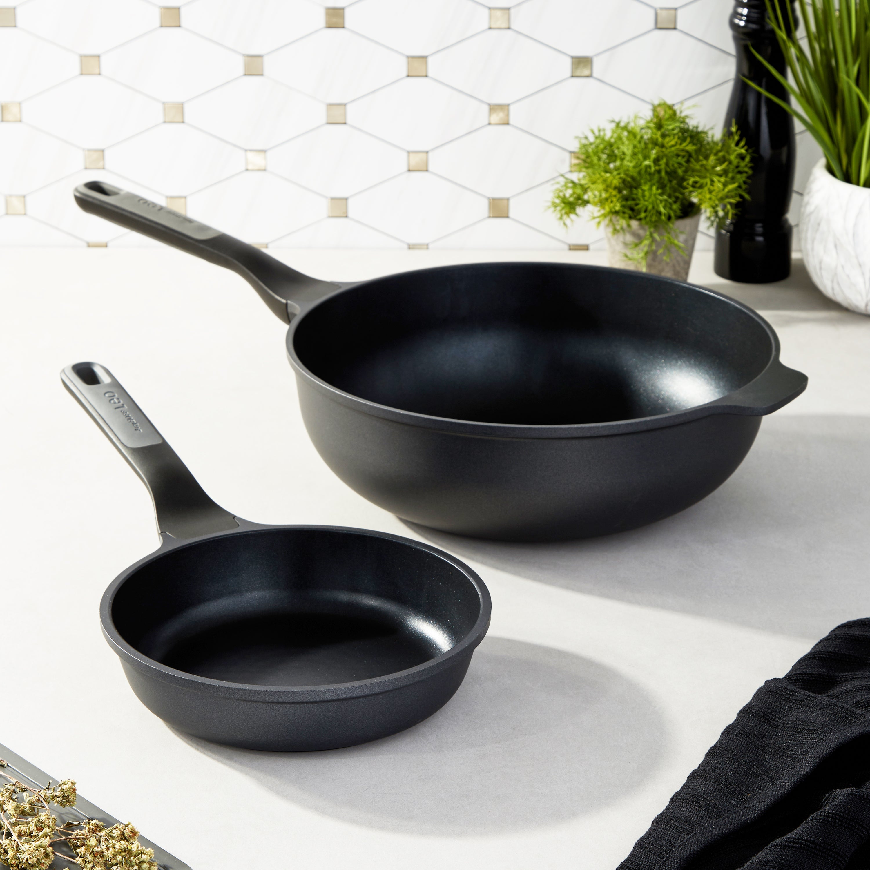 BergHOFF Leo Stone+ 2-Piece Nonstick Ceramic Stir Fry Pan Set - Perfect for Healthy Cooking, Sauteing & Stir-Frying at Home