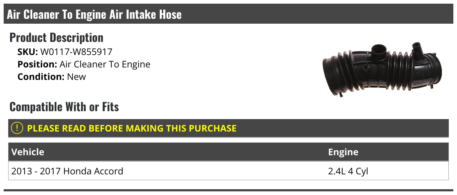 High-Performance Air Intake Hose Replacement for 2013-2017 Honda Accord 2.4L 4-Cylinder - Connects Air Cleaner to Engine - Improves Airflow & Engine Performance - Perfect for Daily Driving & Performance Upgrades