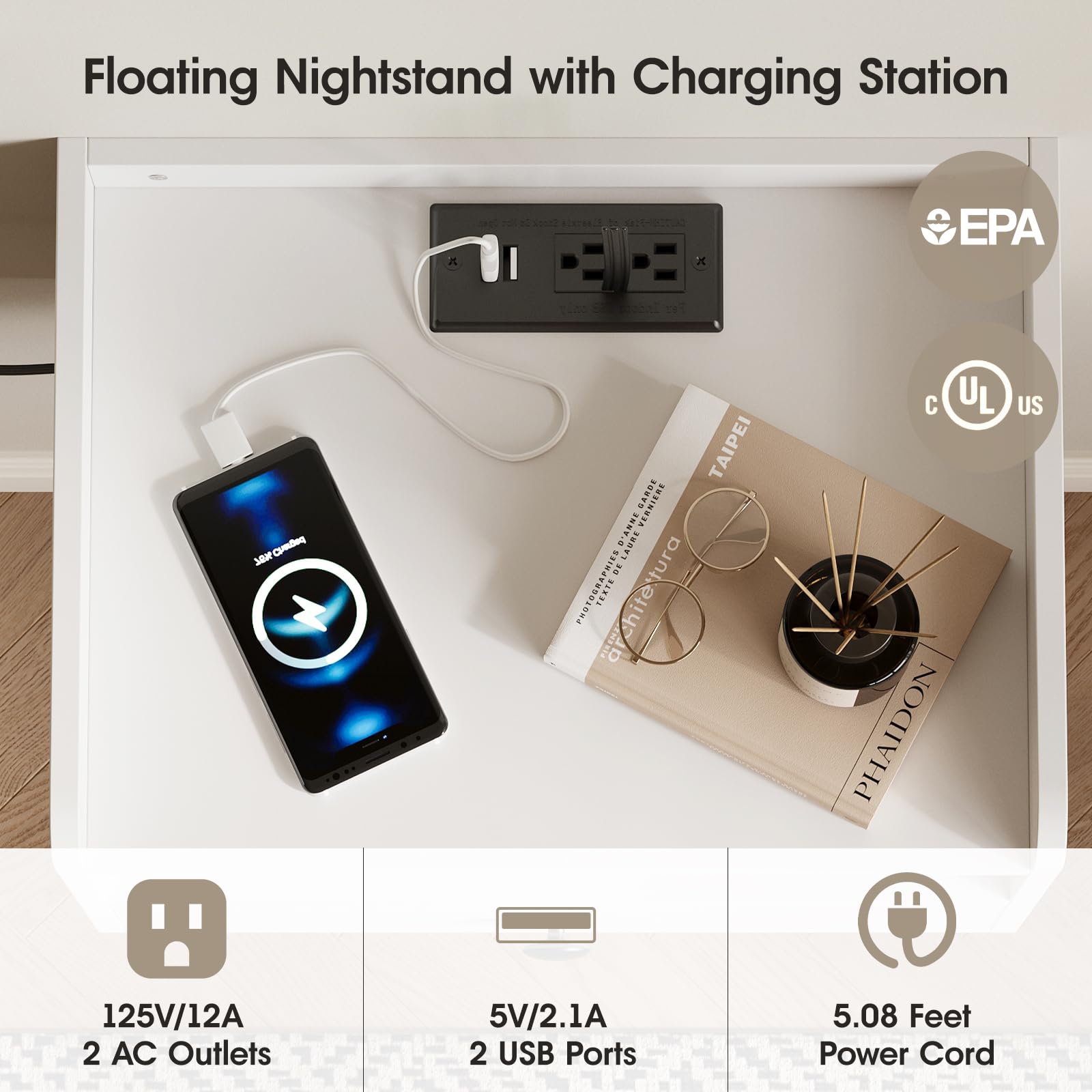 Modern Floating Nightstand Set of 2 - White Wall Mounted Bedside Tables with Drawer, Open Shelf & USB Charging Station | Space-Saving Bedroom Furniture for Small Spaces, Apartments & Dorm Rooms