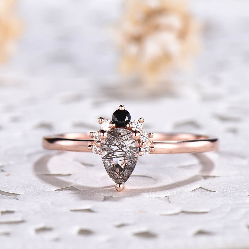14K/18K Gold Black Rutilated Quartz Diamond Engagement Ring for Women - Elegant Wedding Band, Promise Ring, Anniversary Gift for Her