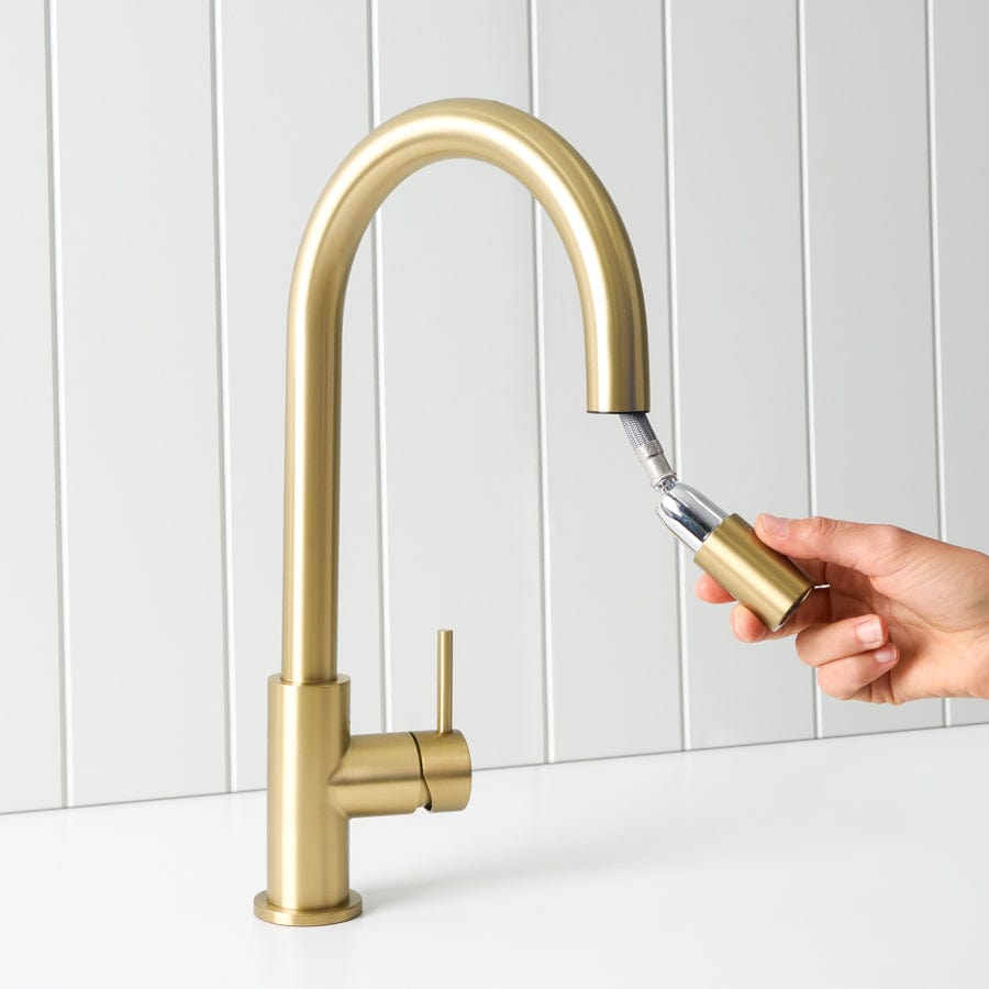 Sydney Pullout Kitchen Faucet with Sprayer - Brushed Brass Finish - Modern Design for Sink, Dishwashing & Cooking