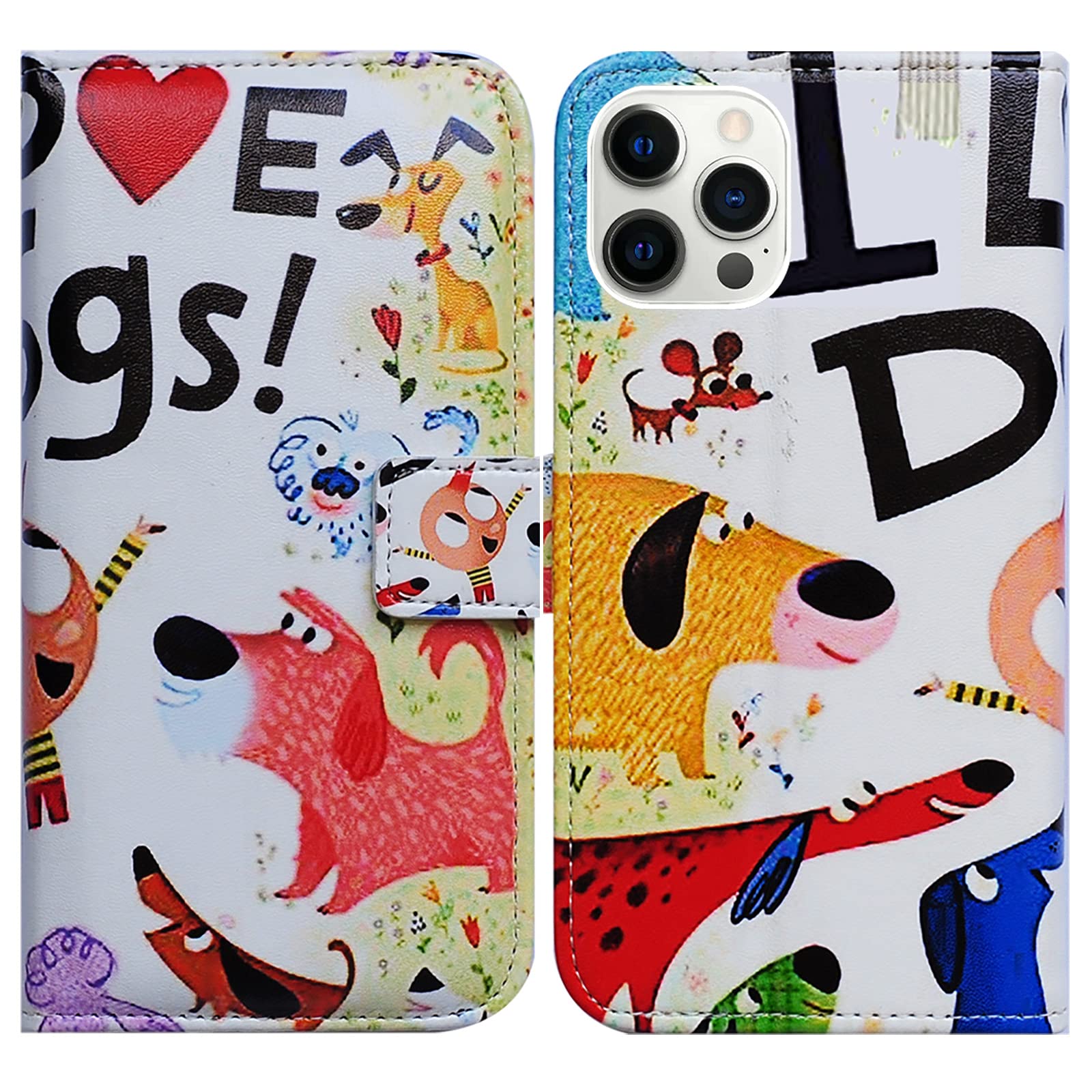 Premium Cute Dogs Leather Flip Wallet Case for iPhone 13 Pro Max - Card Slot Holder & Kickstand | Stylish Protective Cover for Work, Travel & Everyday Use