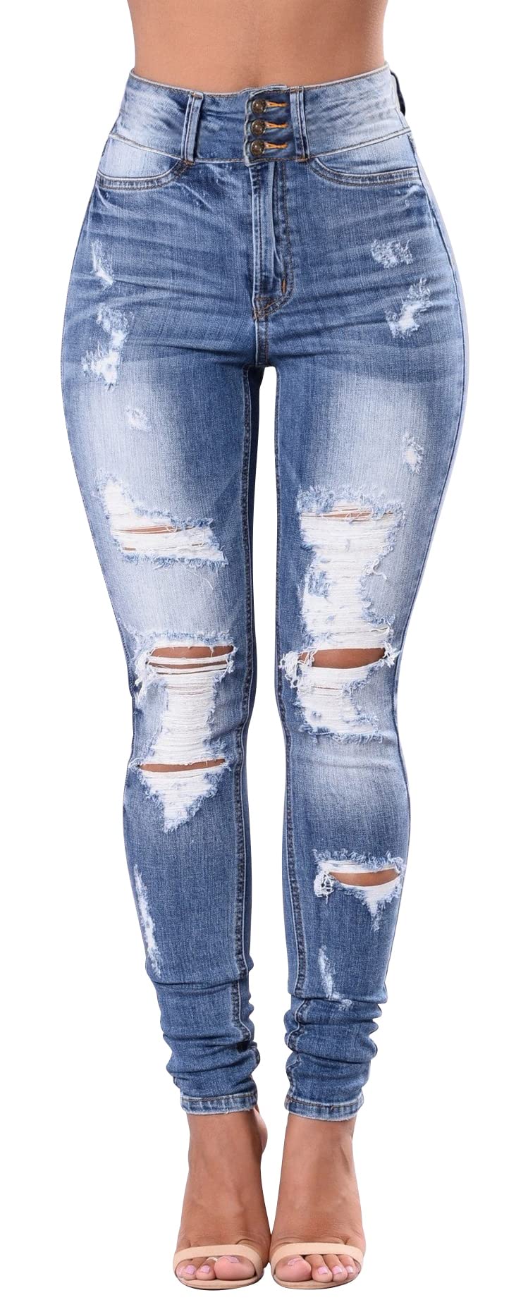 Women's High Waisted Butt Lift Stretch Ripped Skinny Jeans - Distressed Denim Pants for Juniors with Button Fly | Perfect for Casual Outfits, Date Nights & Streetwear Fashion