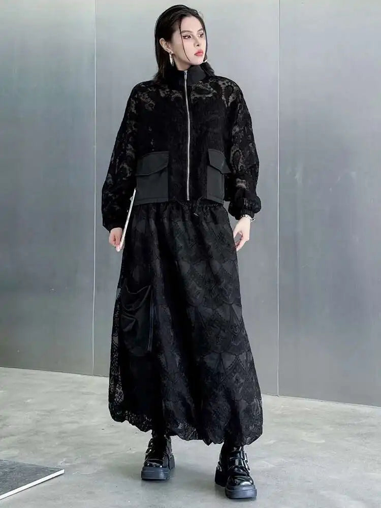Elegant Black Lace Jacket & Pocket Skirt Two-Piece Set with Stand Collar & Long Sleeves - Women's Fashion Outfit for Spring & Fall 2025 (Style 1DJ0248) | Perfect for Office Wear, Date Nights & Special Occasions
