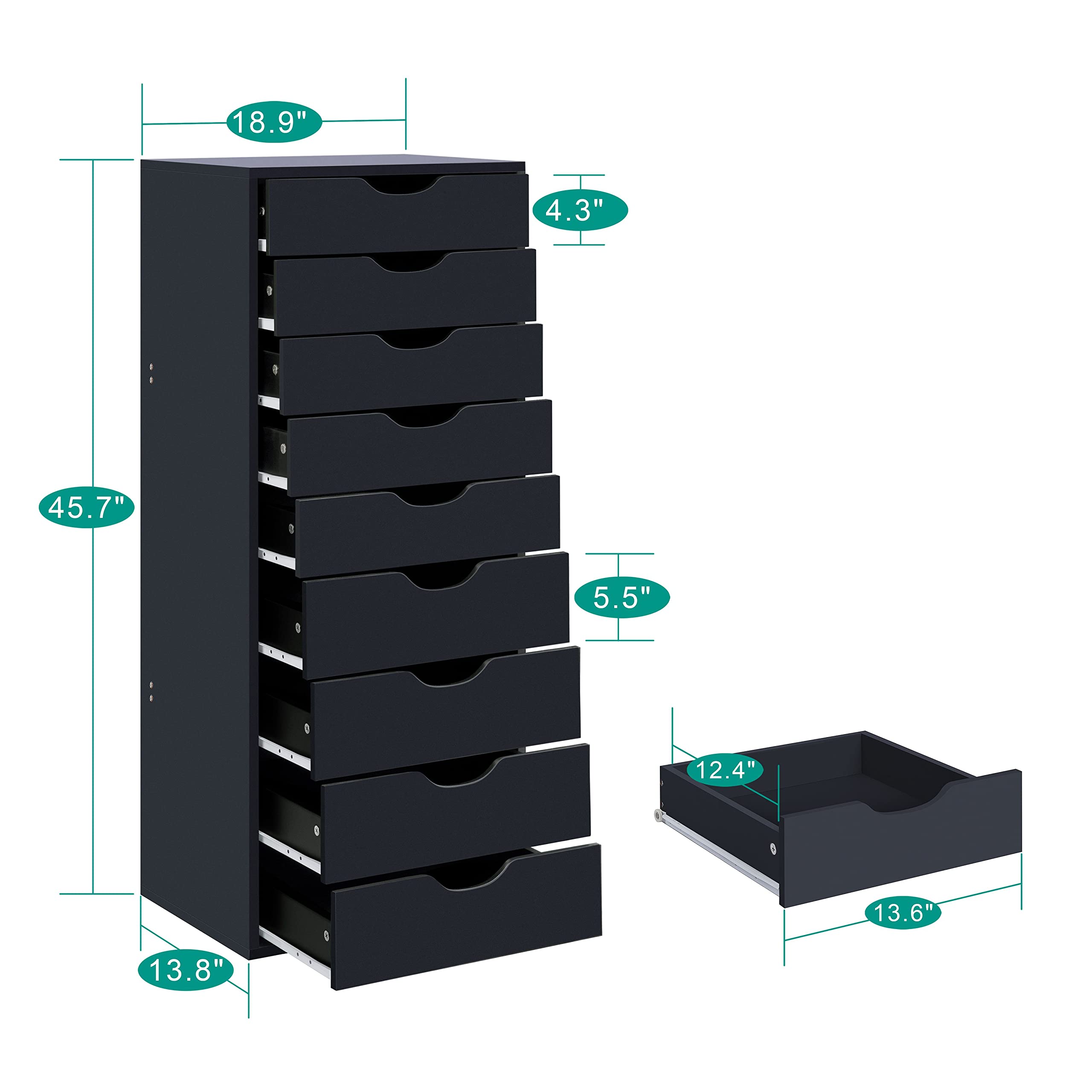 Naomi Home 9-Drawer Rolling File Cabinet with Wheels - Black Office Storage Organizer for Home & Business, 200 lbs Capacity - Perfect as Under Desk Storage, Printer Stand & Filing Solution
