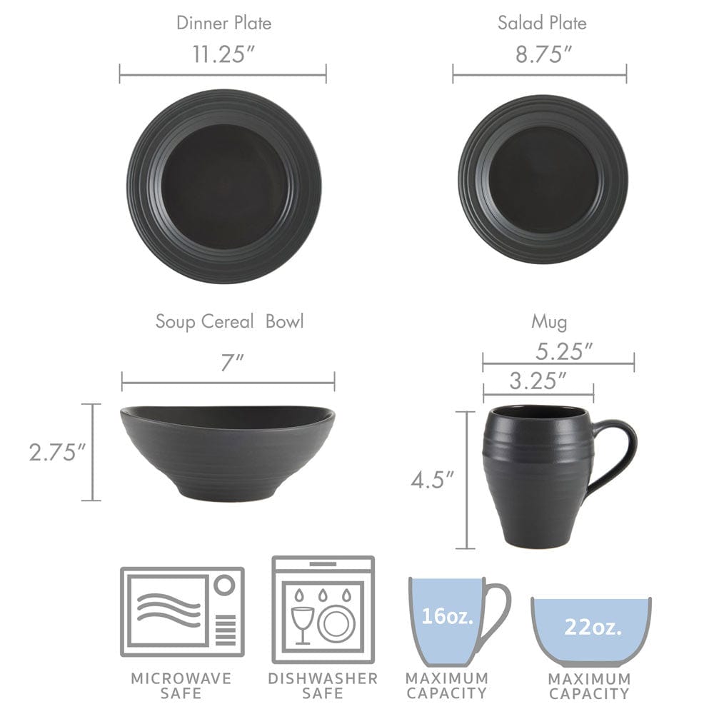 Swirl Graphite 4-Piece Dinnerware Set - Elegant Plates, Bowls, Forks & Spoons for Formal Dining, Dinner Parties & Home Decor