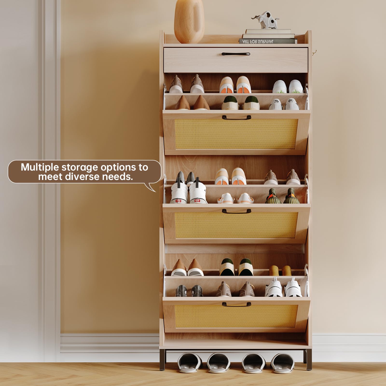 Rattan Shoe Storage Cabinet with 3 Flip Drawers & 1 Drawer - Narrow Freestanding Shoe Organizer for Entryway, Hallway, Living Room & Bedroom - Slim Hidden Shoe Cabinet with Metal Legs - Perfect for Small Spaces & Clutter-Free Home Organization